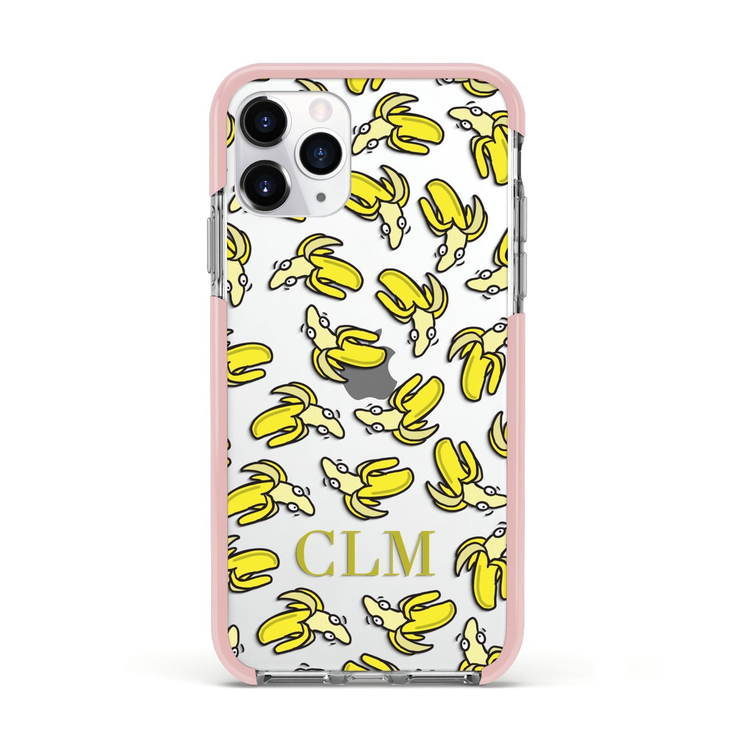 Personalised Banana Initials Clear Apple iPhone 11 Pro in Silver with Pink Impact Case