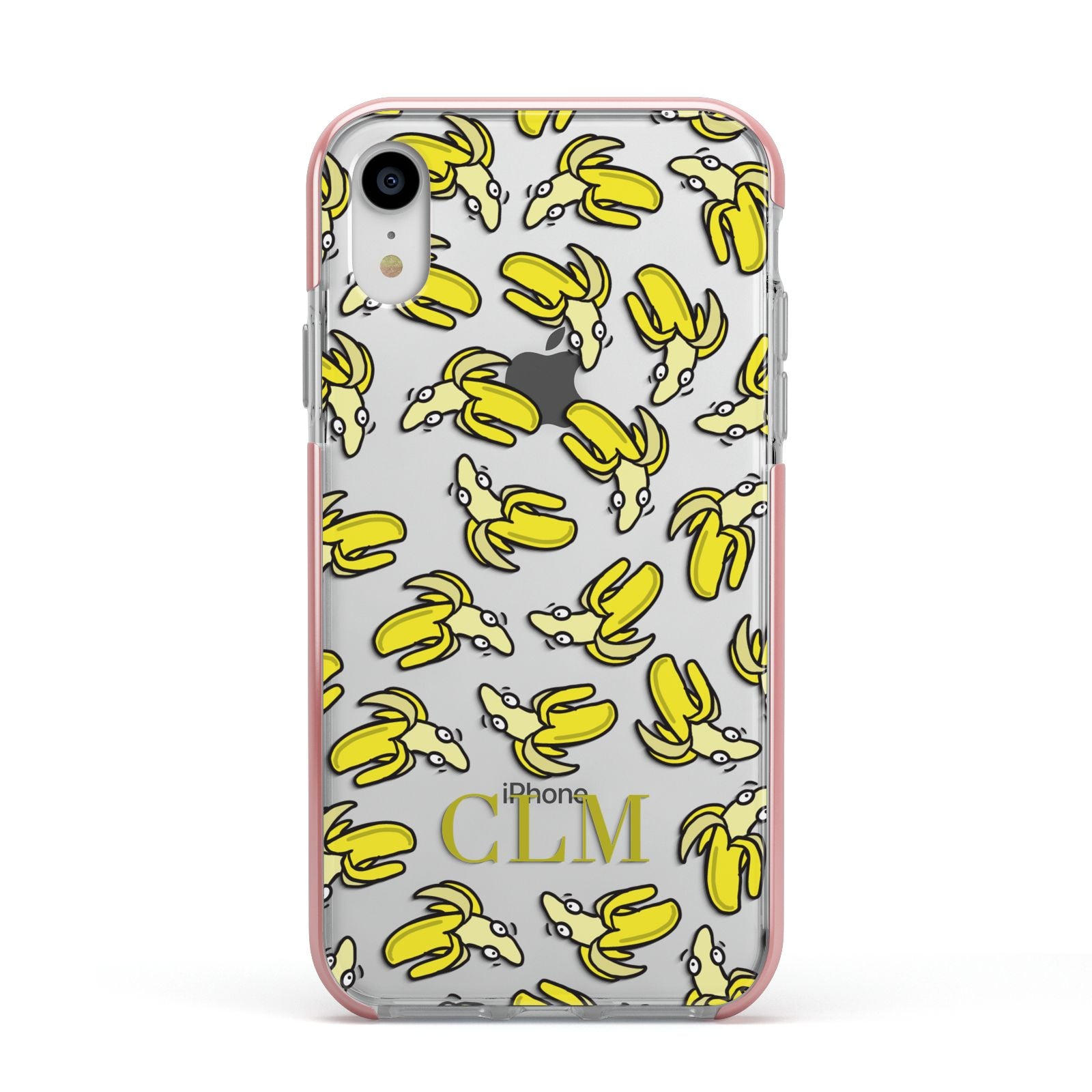 Personalised Banana Initials Clear Apple iPhone XR Impact Case Pink Edge on Silver Phone