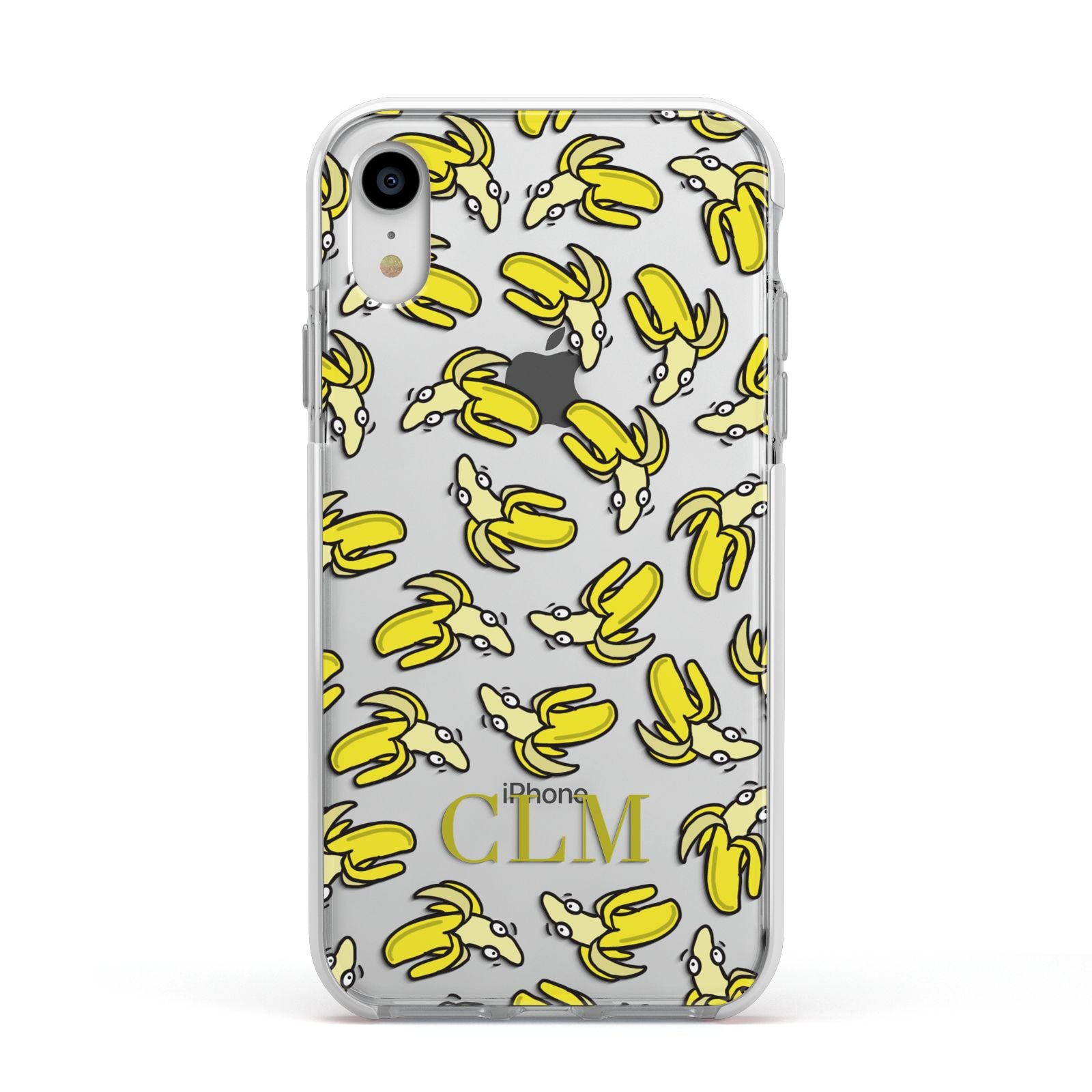 Personalised Banana Initials Clear Apple iPhone XR Impact Case White Edge on Silver Phone