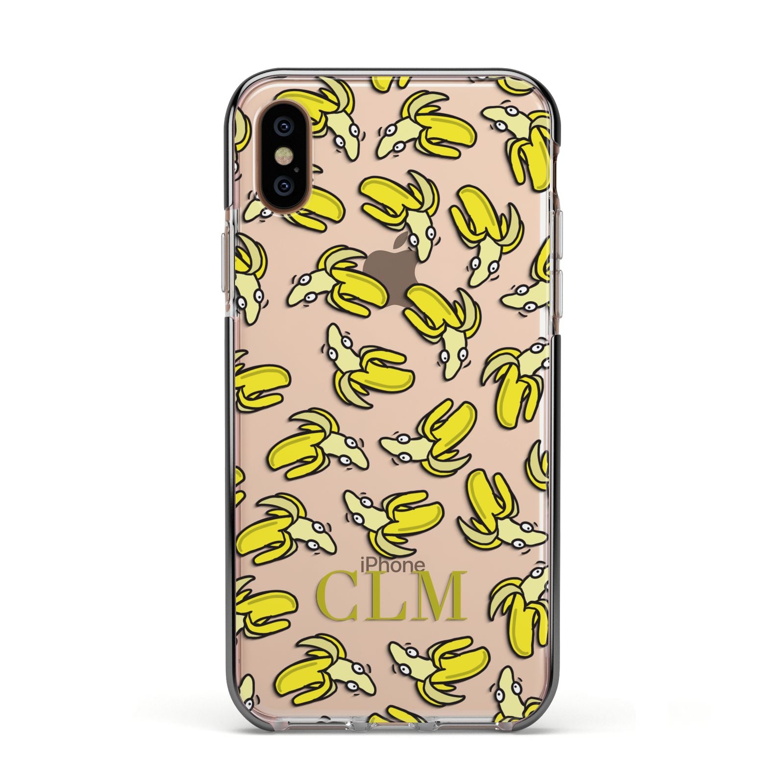 Personalised Banana Initials Clear Apple iPhone Xs Impact Case Black Edge on Gold Phone