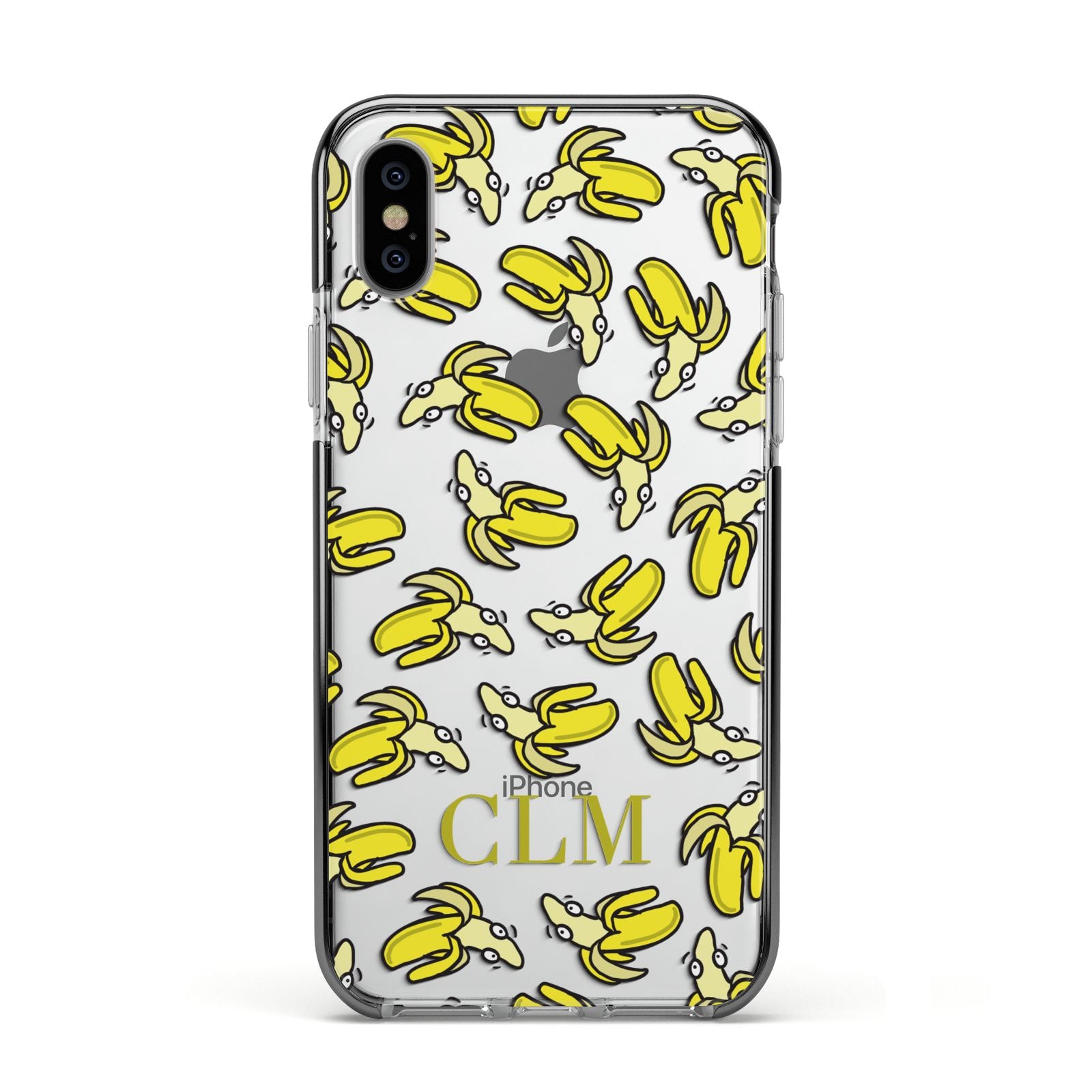 Personalised Banana Initials Clear Apple iPhone Xs Impact Case Black Edge on Silver Phone