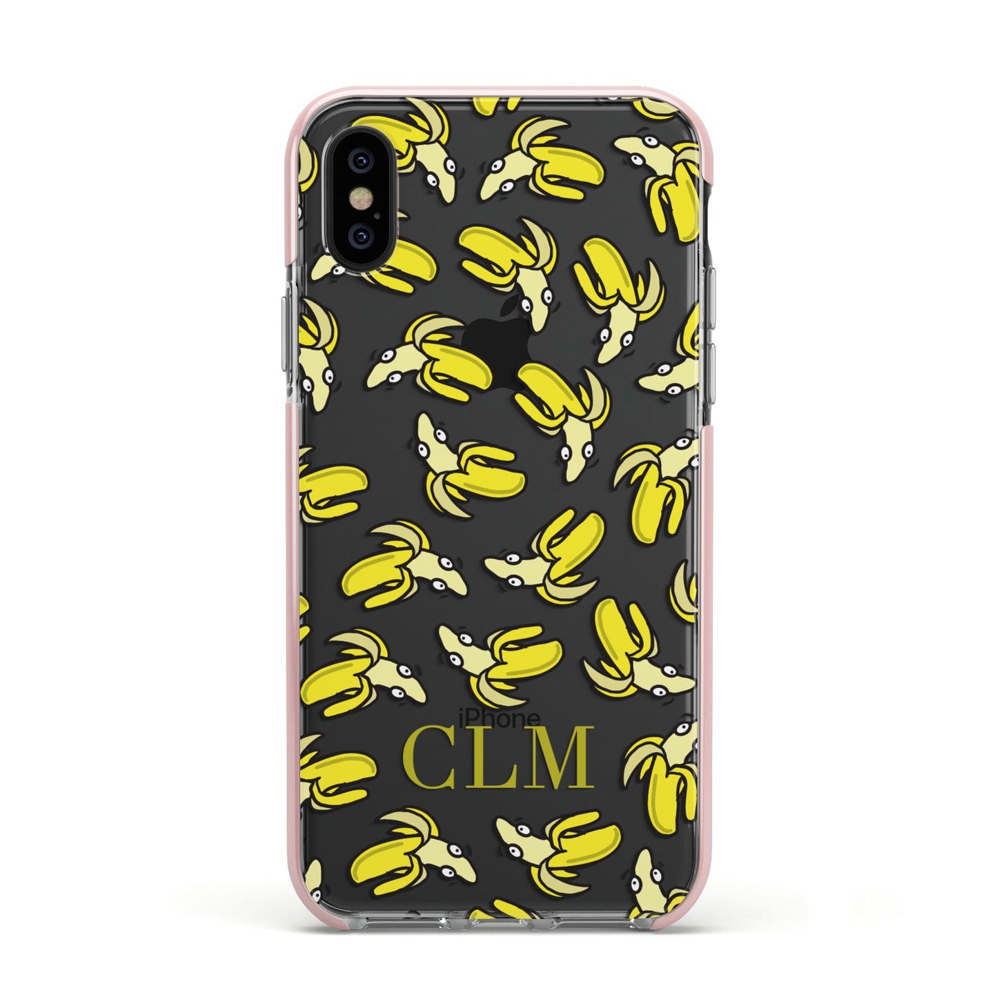 Personalised Banana Initials Clear Apple iPhone Xs Impact Case Pink Edge on Black Phone