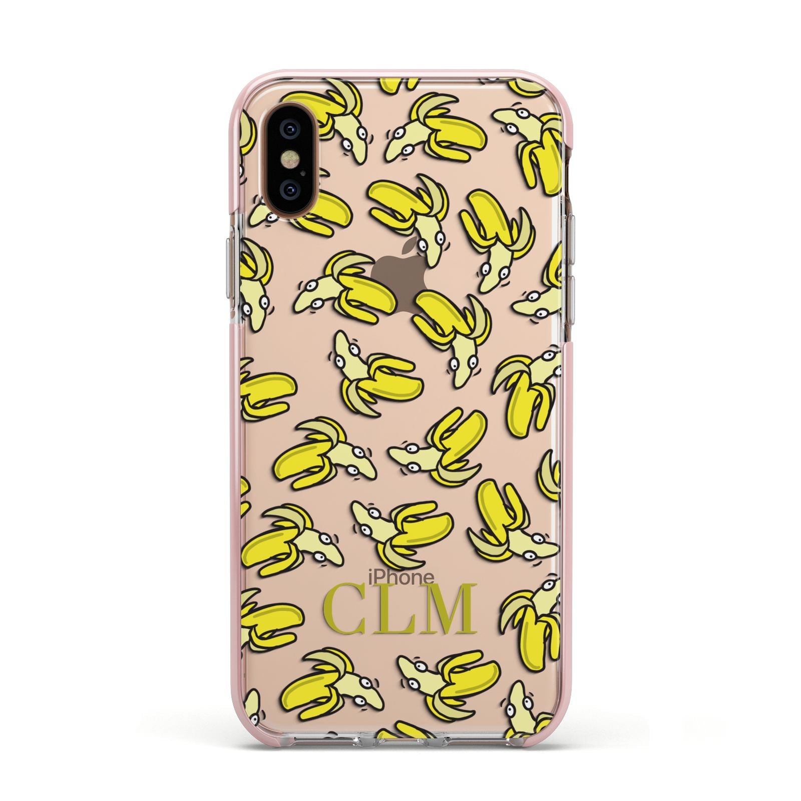 Personalised Banana Initials Clear Apple iPhone Xs Impact Case Pink Edge on Gold Phone