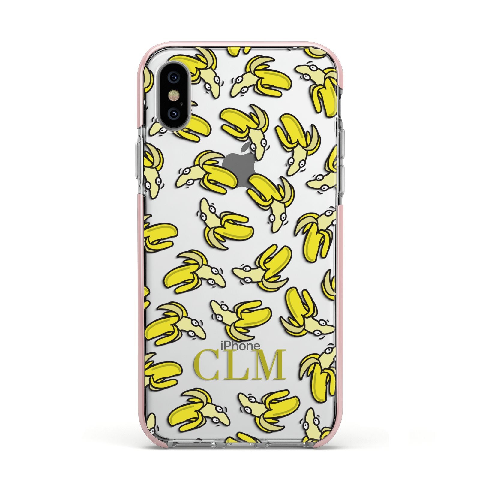 Personalised Banana Initials Clear Apple iPhone Xs Impact Case Pink Edge on Silver Phone