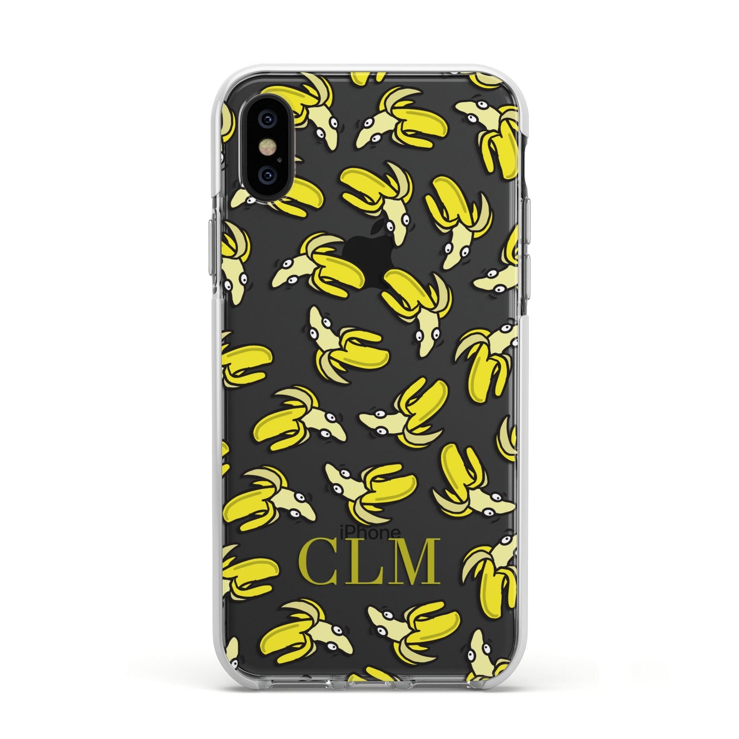 Personalised Banana Initials Clear Apple iPhone Xs Impact Case White Edge on Black Phone
