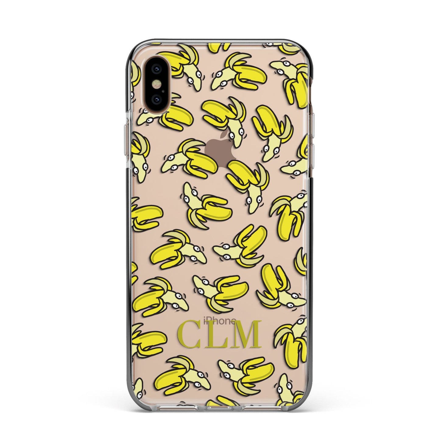 Personalised Banana Initials Clear Apple iPhone Xs Max Impact Case Black Edge on Gold Phone