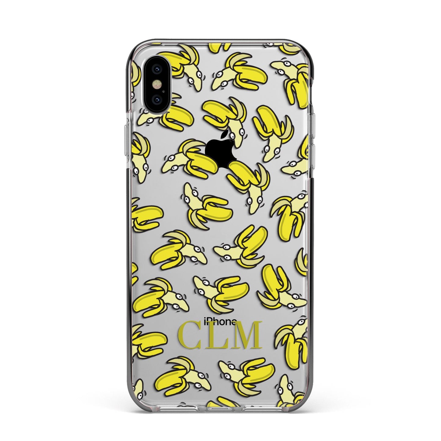 Personalised Banana Initials Clear Apple iPhone Xs Max Impact Case Black Edge on Silver Phone