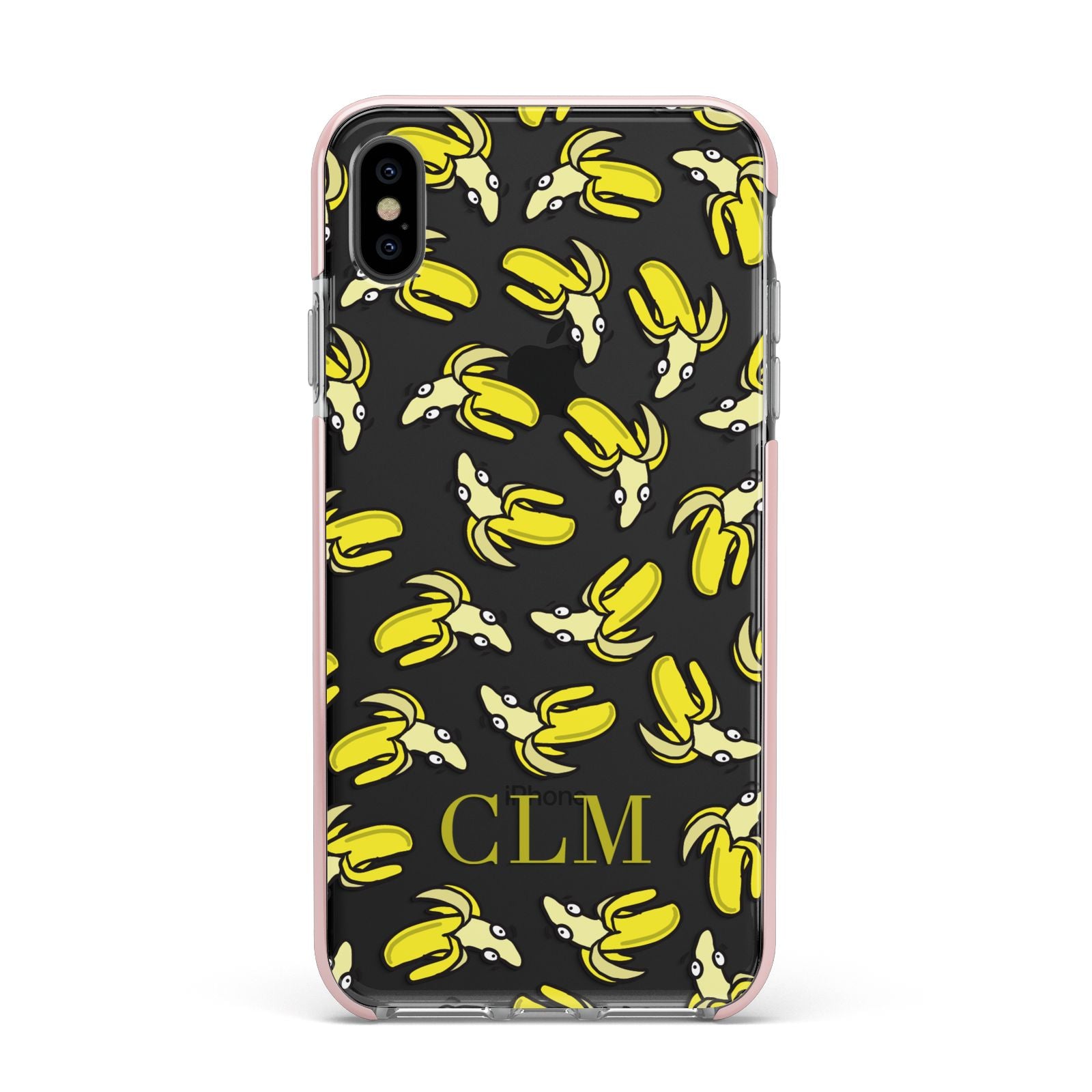 Personalised Banana Initials Clear Apple iPhone Xs Max Impact Case Pink Edge on Black Phone