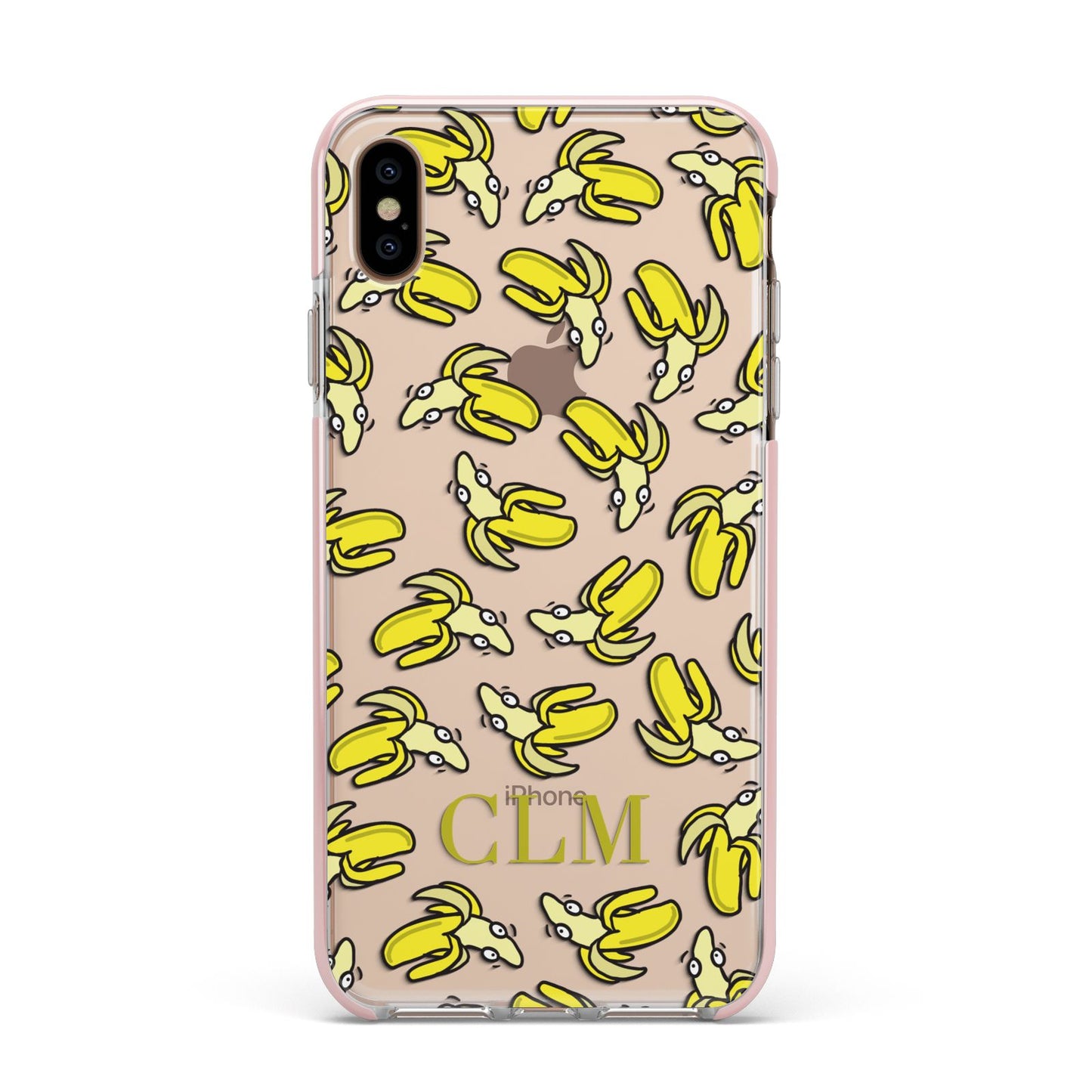 Personalised Banana Initials Clear Apple iPhone Xs Max Impact Case Pink Edge on Gold Phone