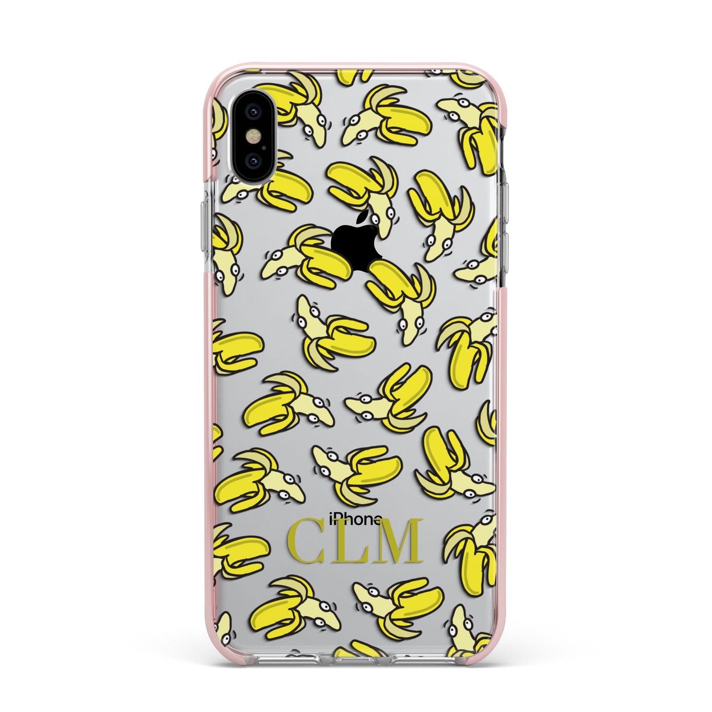 Personalised Banana Initials Clear Apple iPhone Xs Max Impact Case Pink Edge on Silver Phone