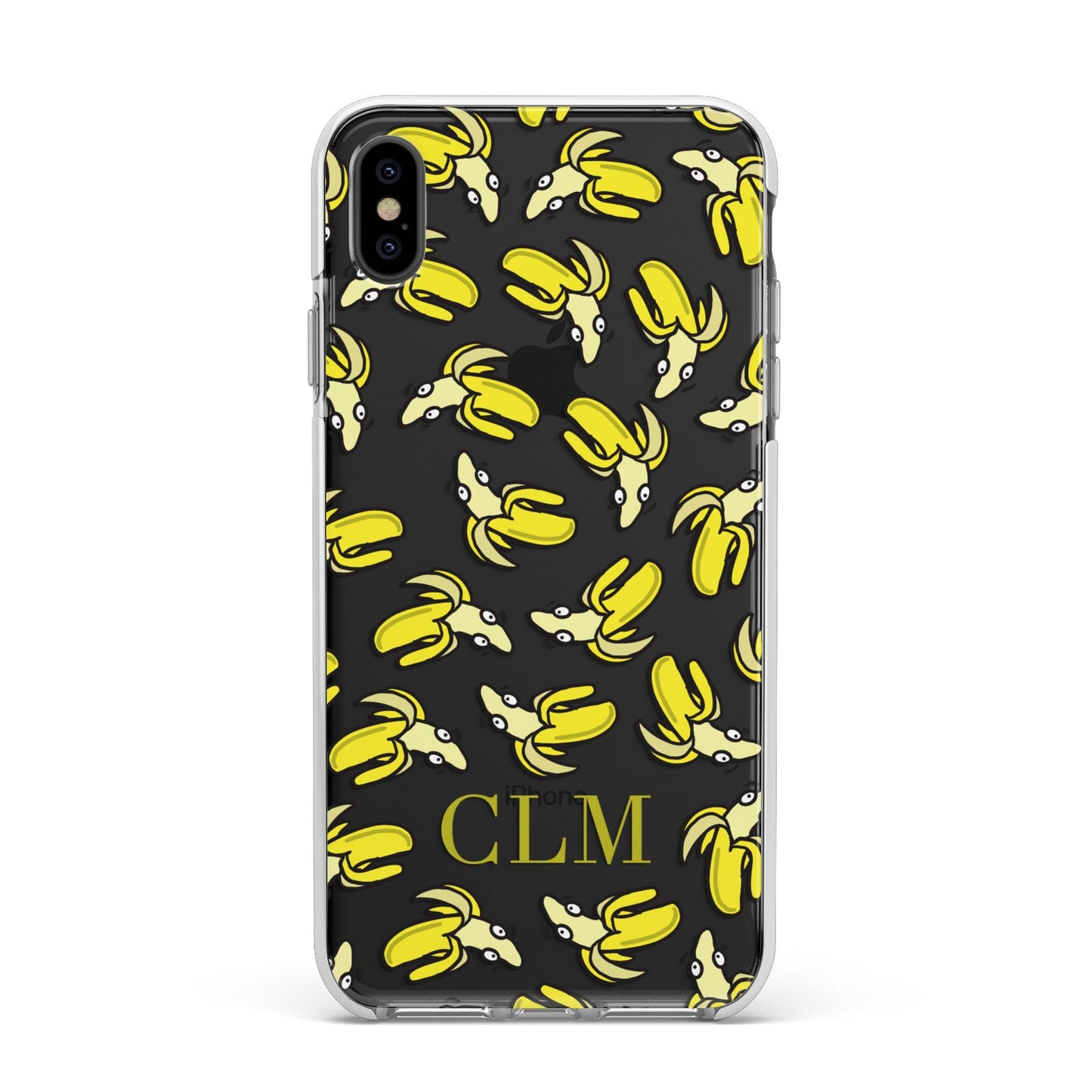 Personalised Banana Initials Clear Apple iPhone Xs Max Impact Case White Edge on Black Phone