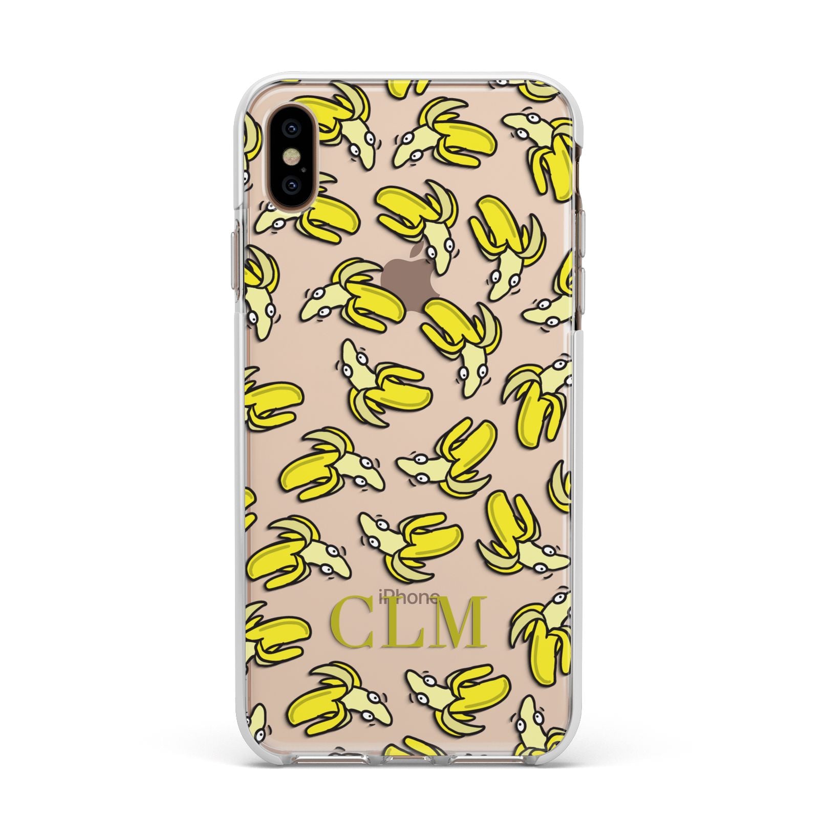 Personalised Banana Initials Clear Apple iPhone Xs Max Impact Case White Edge on Gold Phone