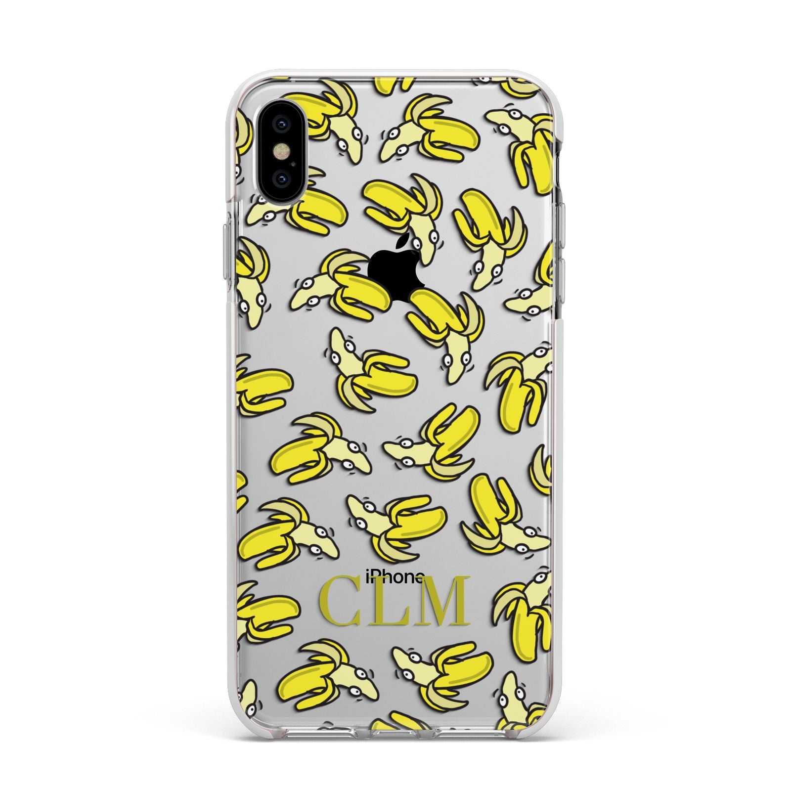 Personalised Banana Initials Clear Apple iPhone Xs Max Impact Case White Edge on Silver Phone