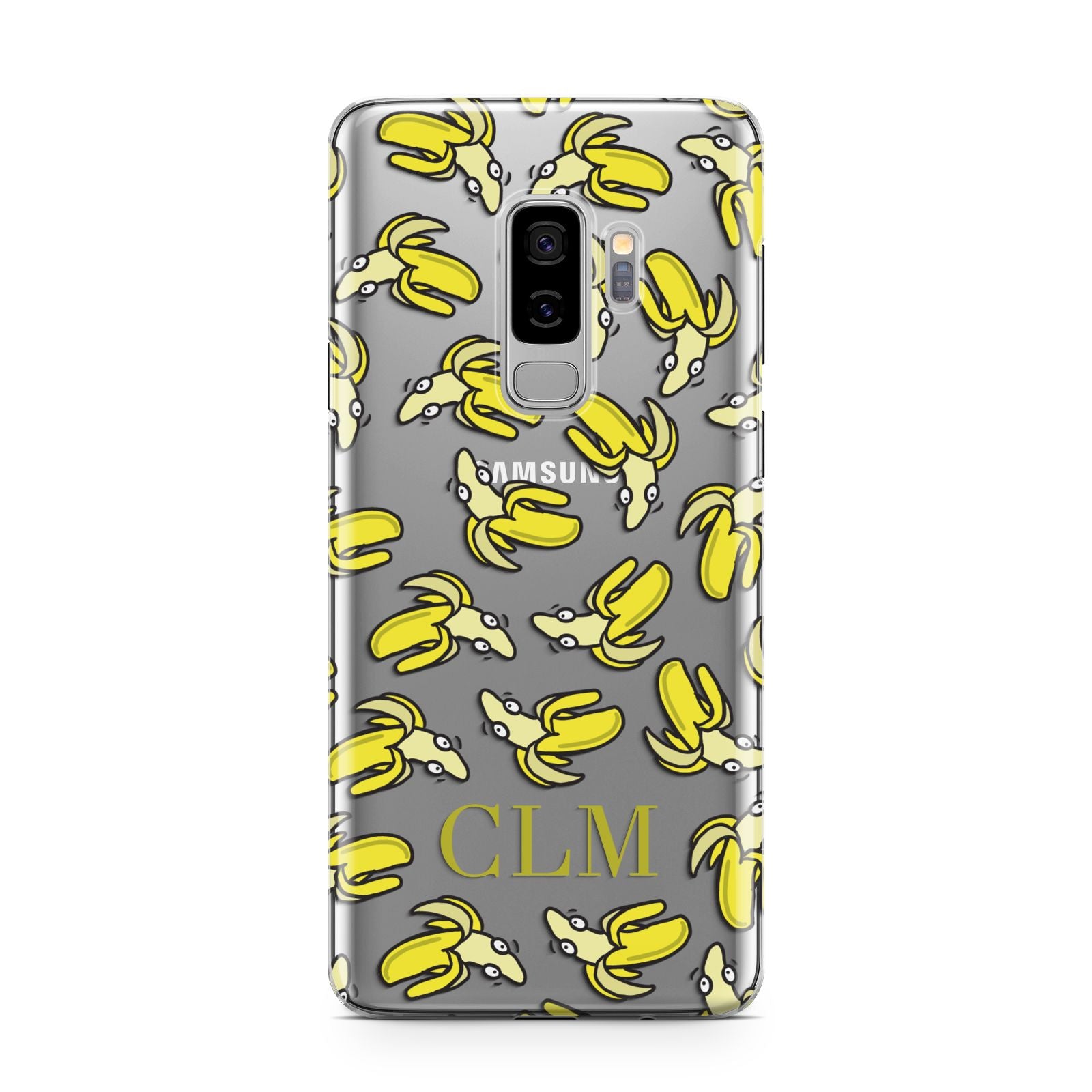 Personalised Banana Initials Clear Samsung Galaxy S9 Plus Case on Silver phone