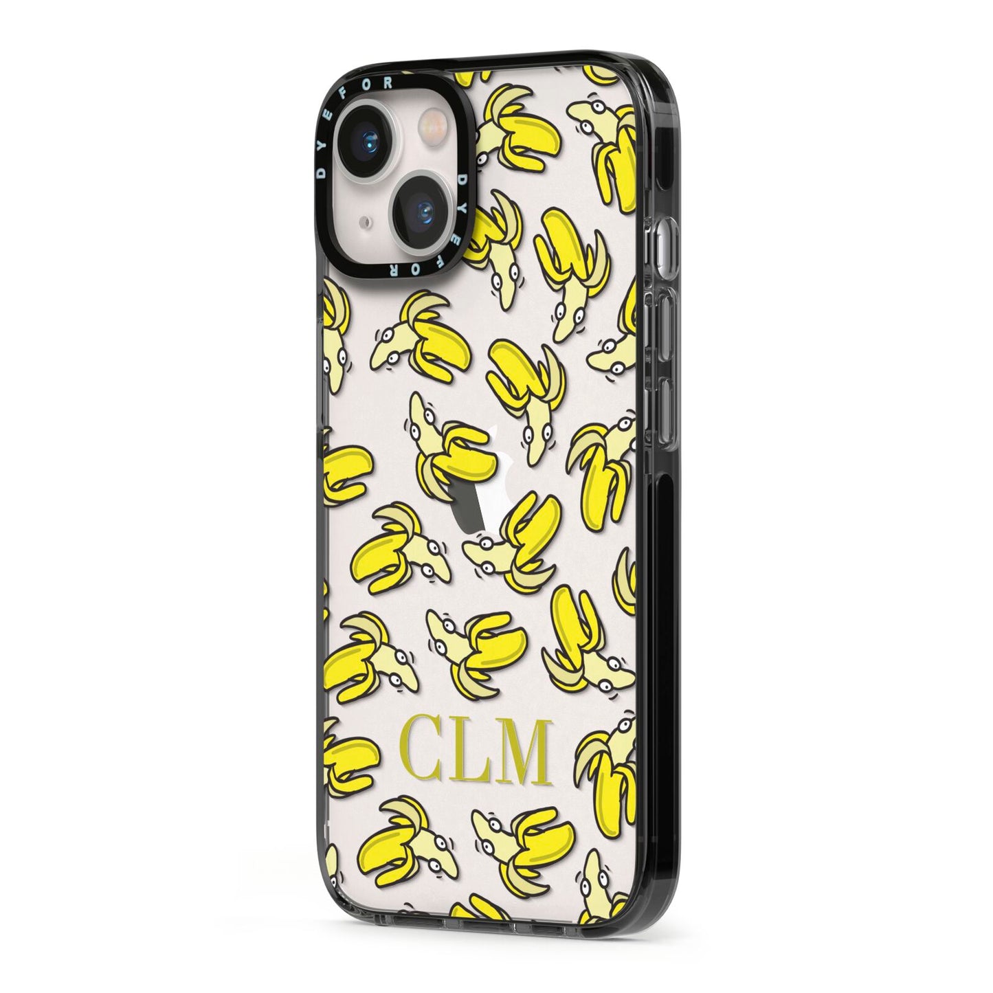 Personalised Banana Initials Clear iPhone 13 Black Impact Case Side Angle on Silver phone