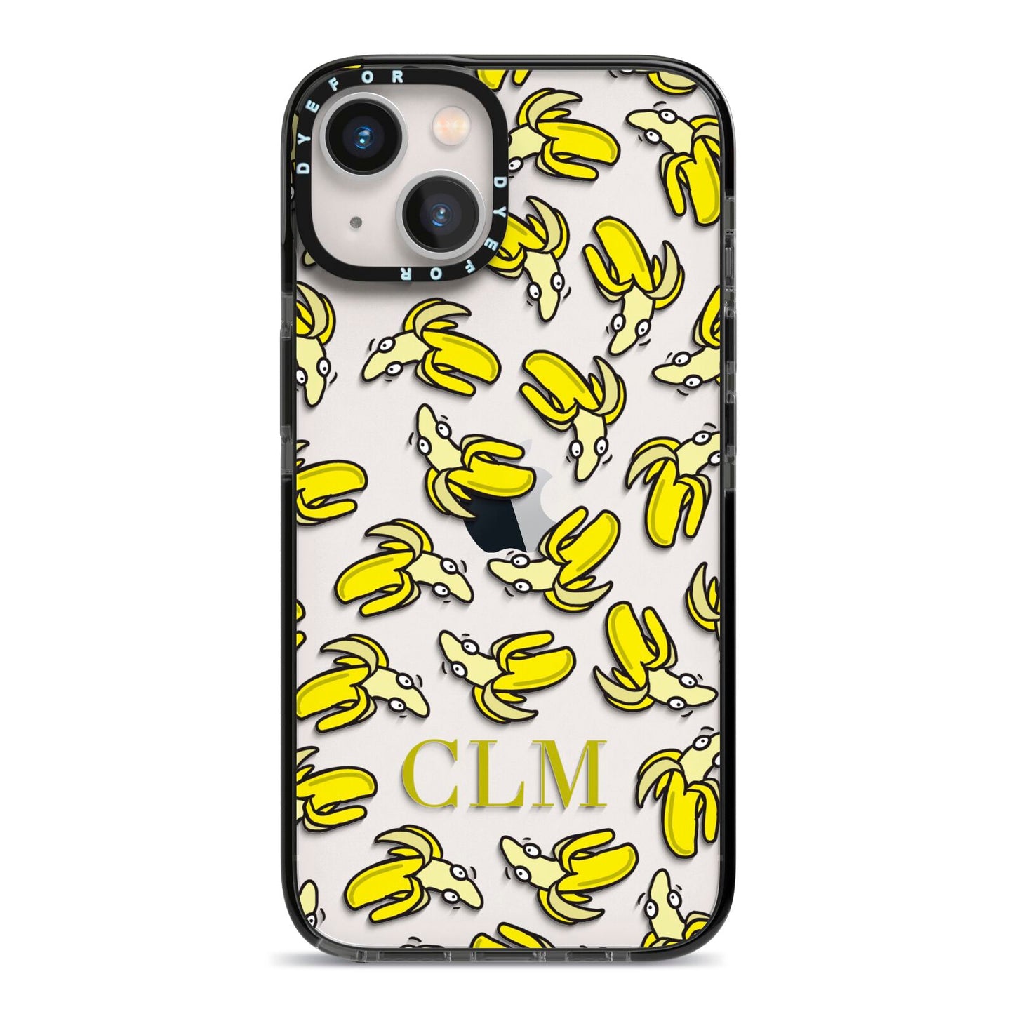 Personalised Banana Initials Clear iPhone 13 Black Impact Case on Silver phone