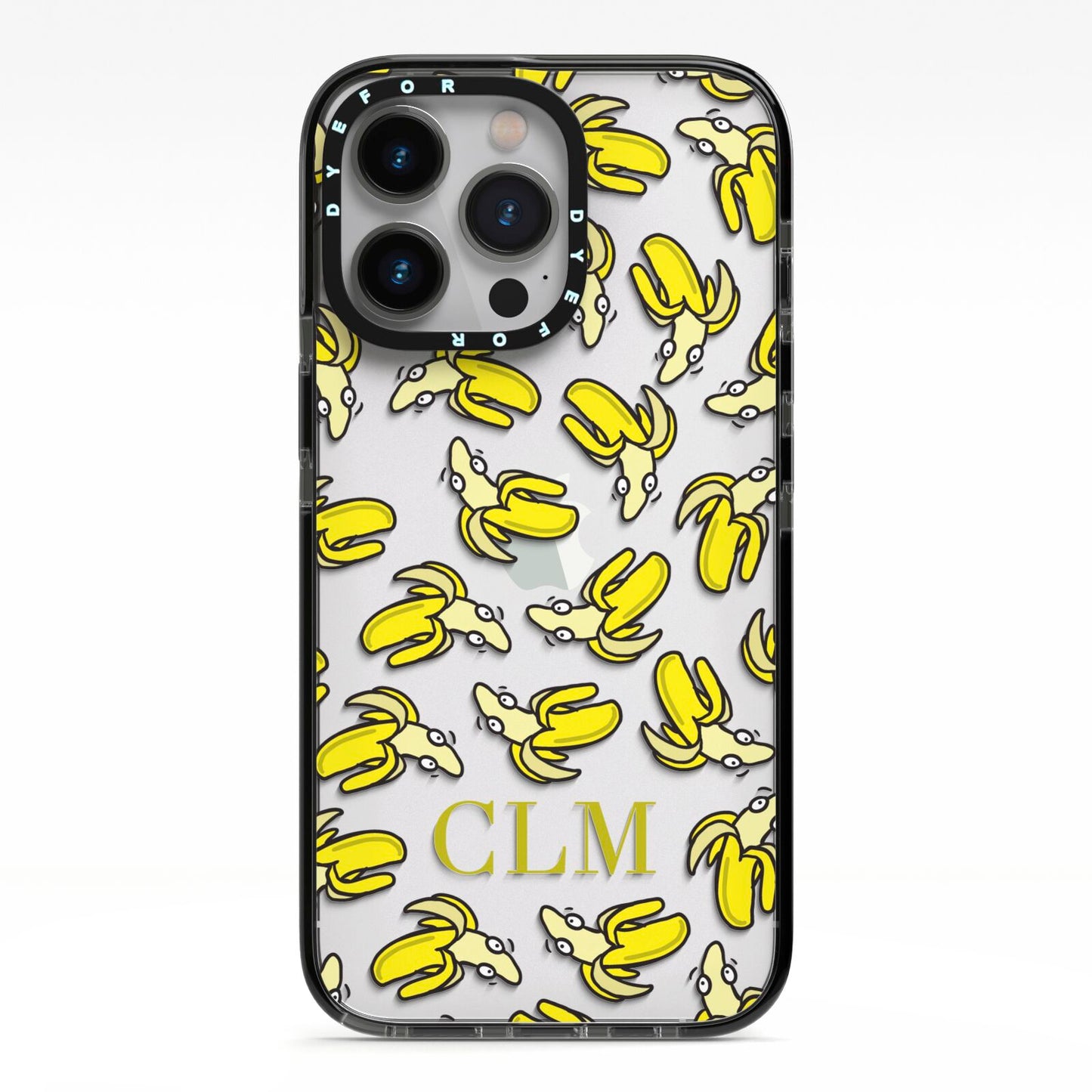 Personalised Banana Initials Clear iPhone 13 Pro Black Impact Case on Silver phone