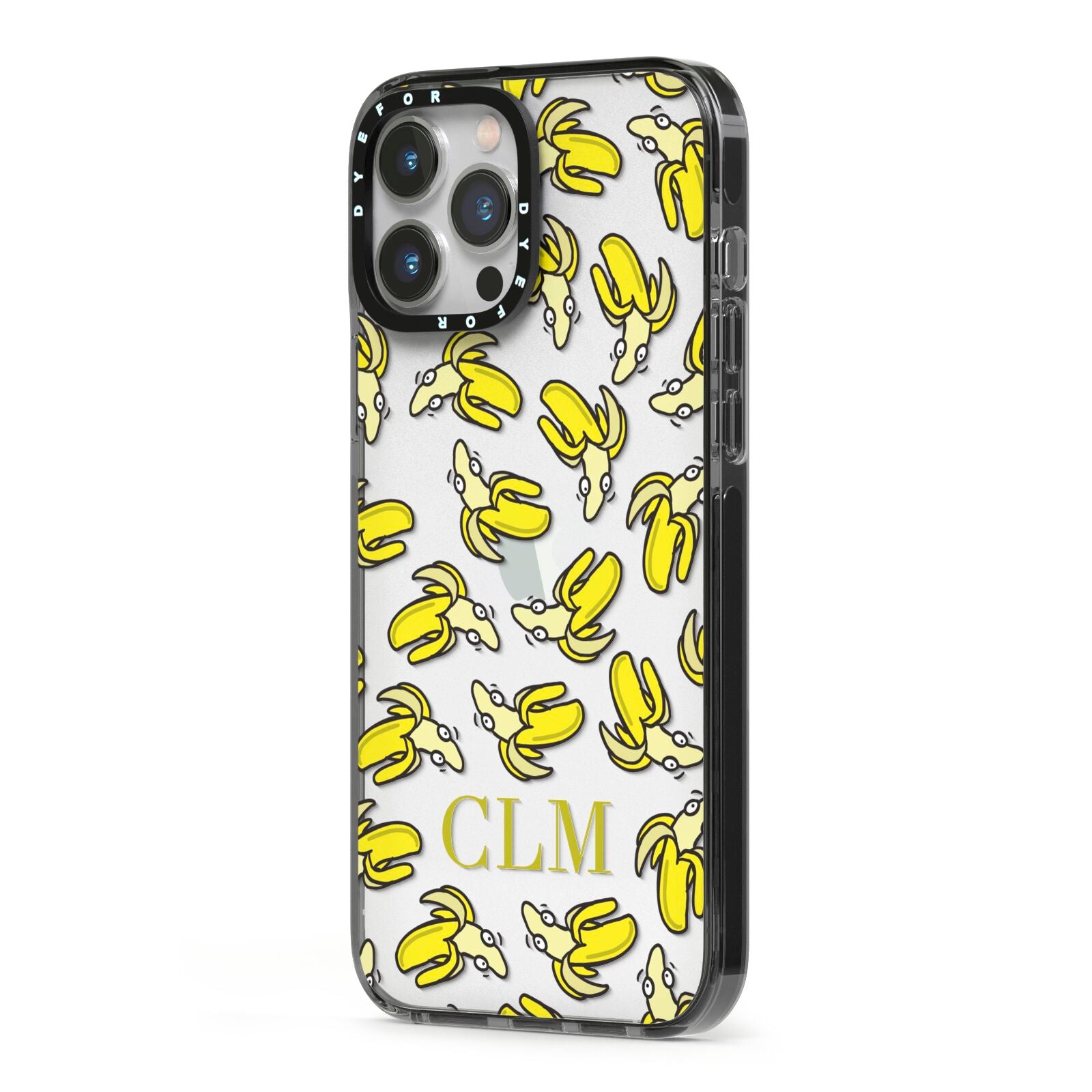 Personalised Banana Initials Clear iPhone 13 Pro Max Black Impact Case Side Angle on Silver phone