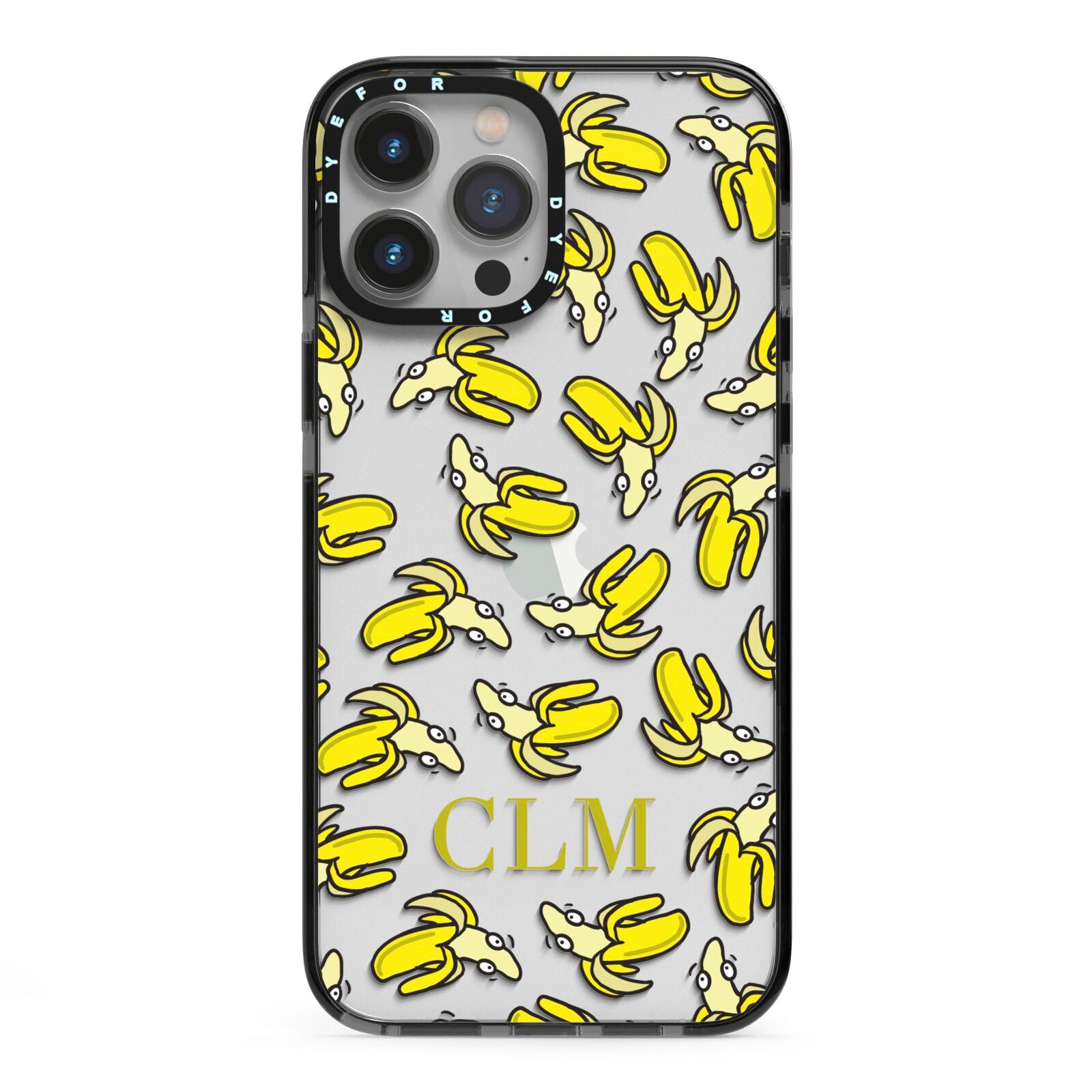 Personalised Banana Initials Clear iPhone 13 Pro Max Black Impact Case on Silver phone