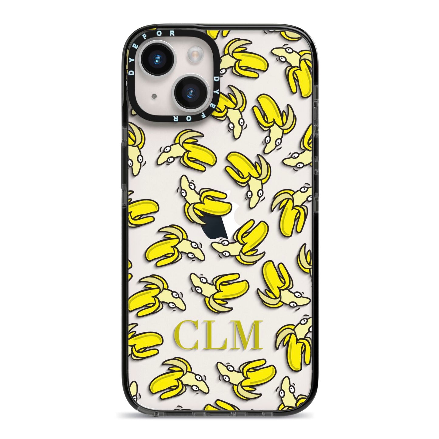 Personalised Banana Initials Clear iPhone 14 Black Impact Case on Silver phone