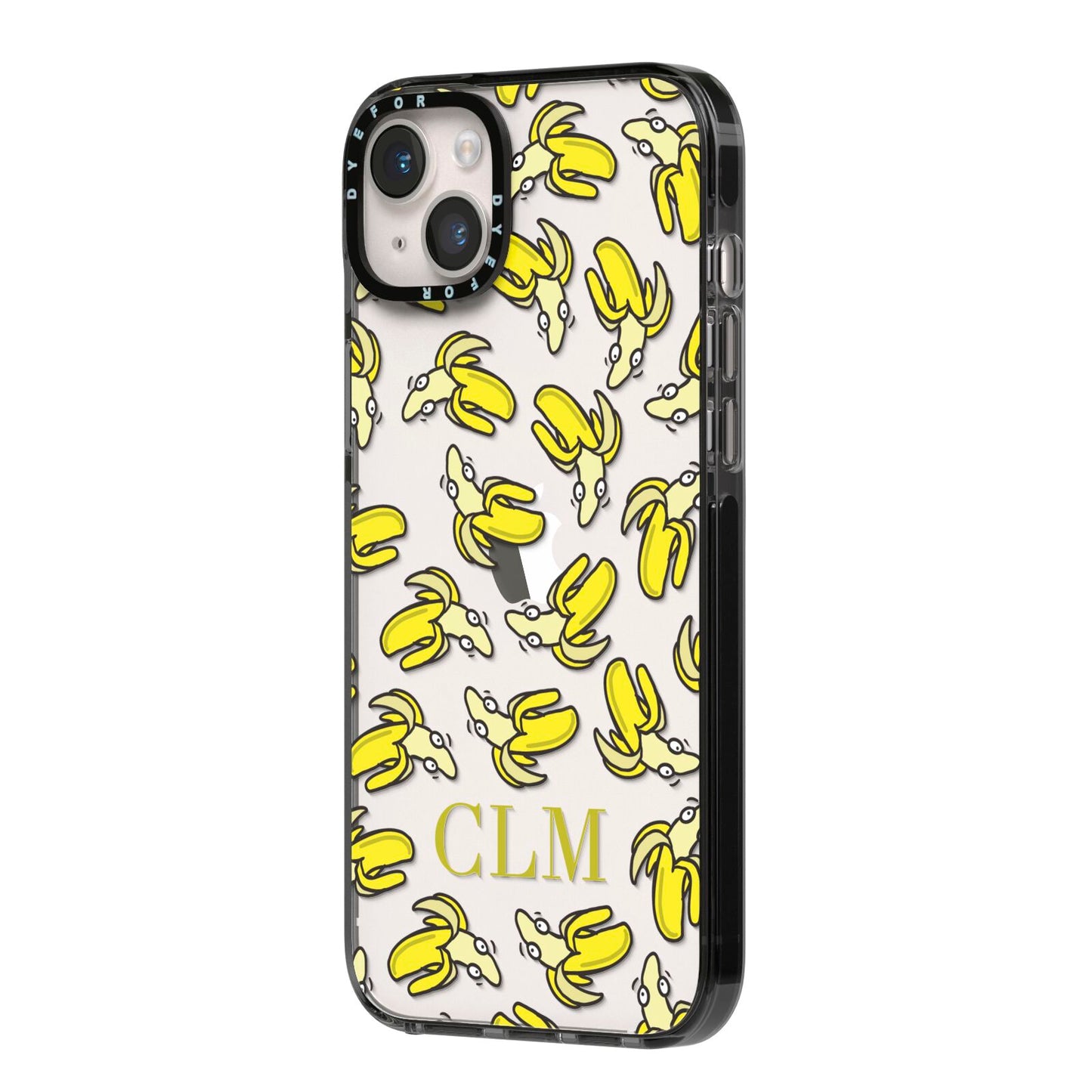 Personalised Banana Initials Clear iPhone 14 Plus Black Impact Case Side Angle on Silver phone