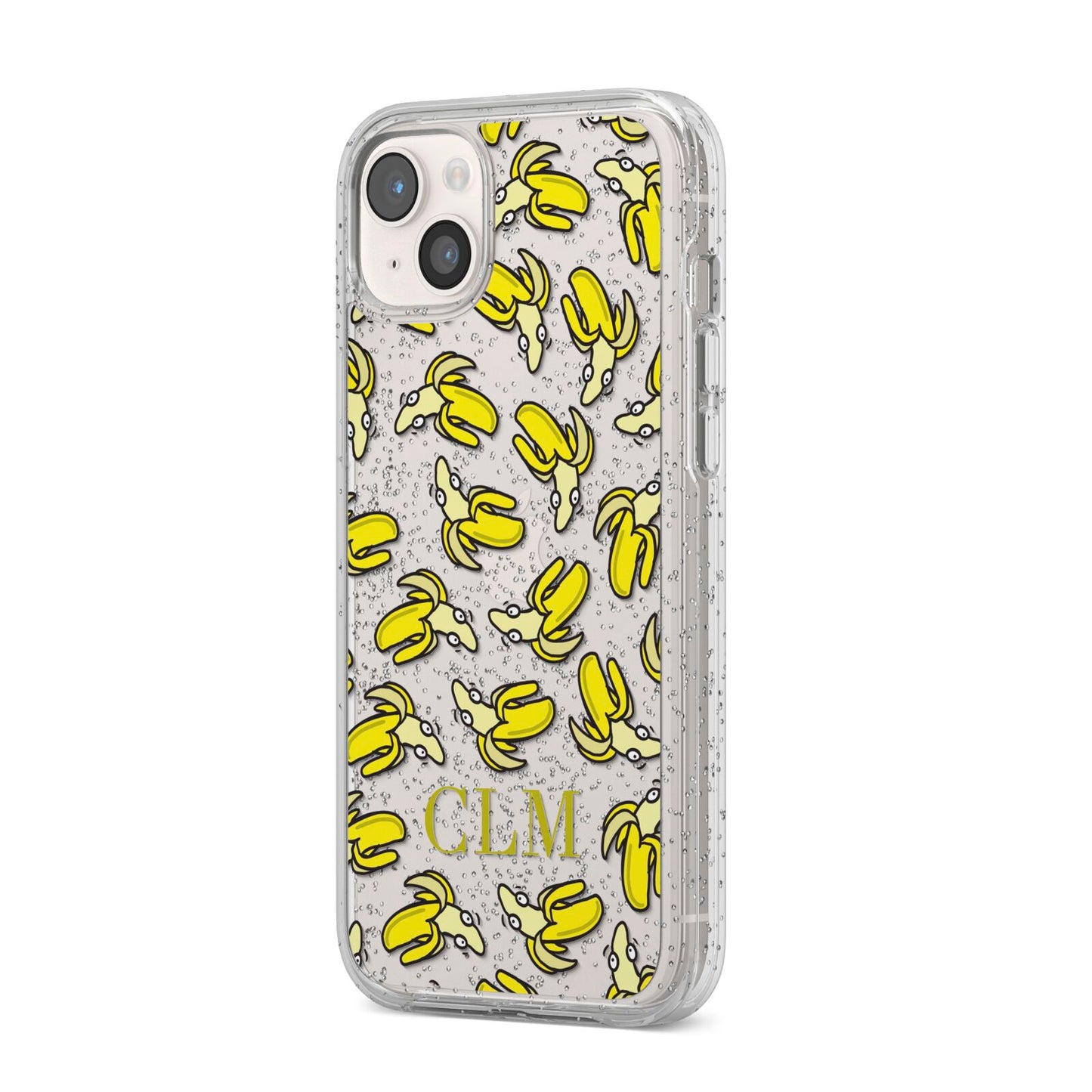 Personalised Banana Initials Clear iPhone 14 Plus Glitter Tough Case Starlight Angled Image