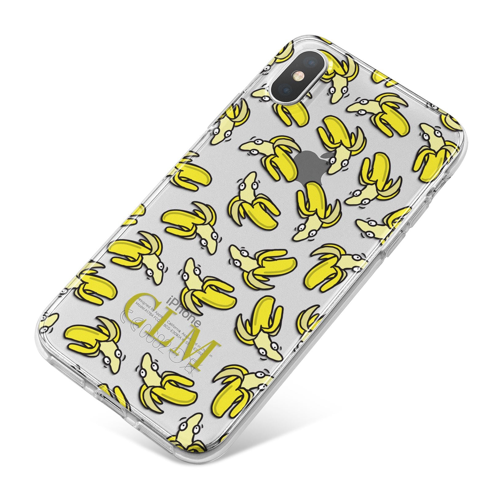 Personalised Banana Initials Clear iPhone X Bumper Case on Silver iPhone
