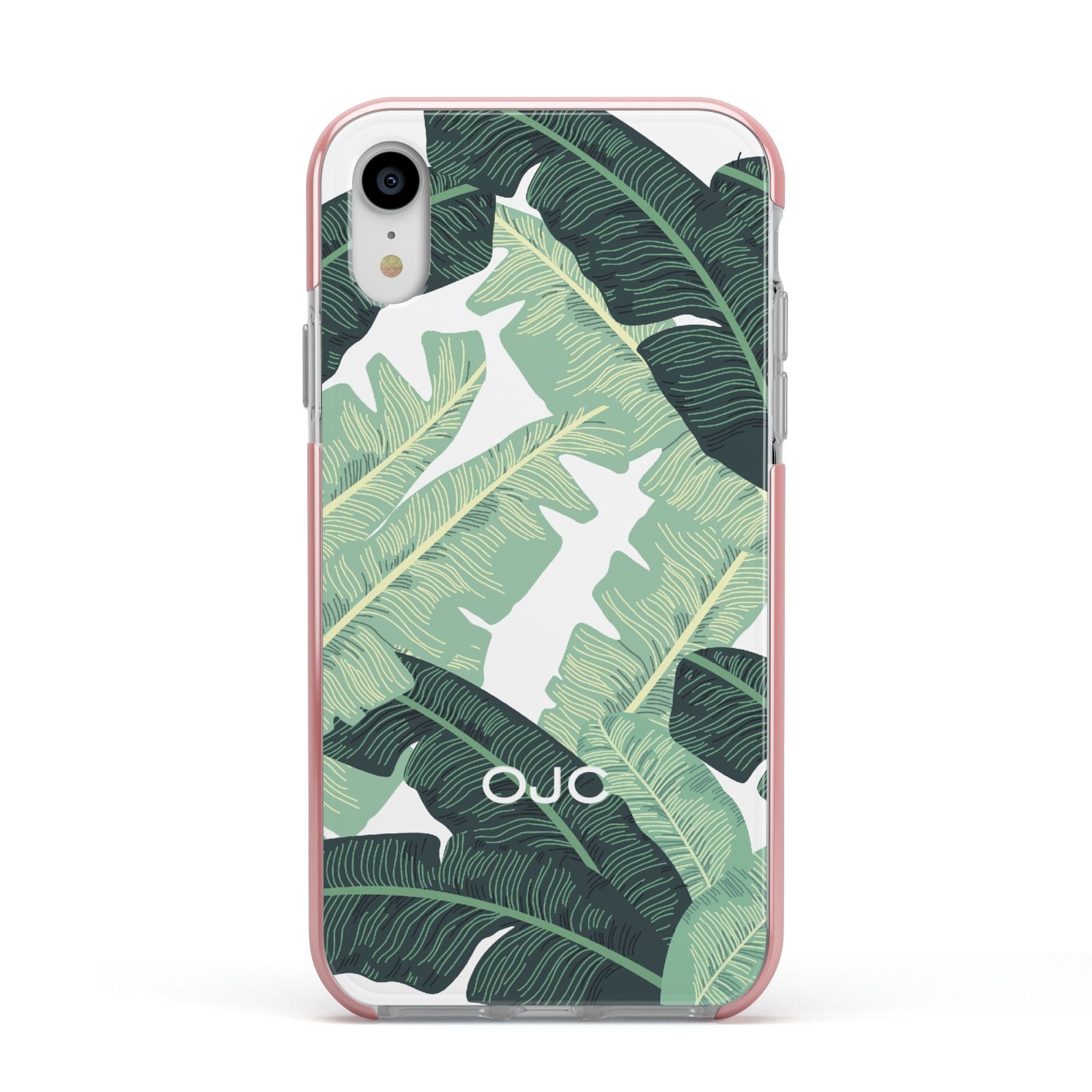 Personalised Banana Leaves Apple iPhone XR Impact Case Pink Edge on Silver Phone