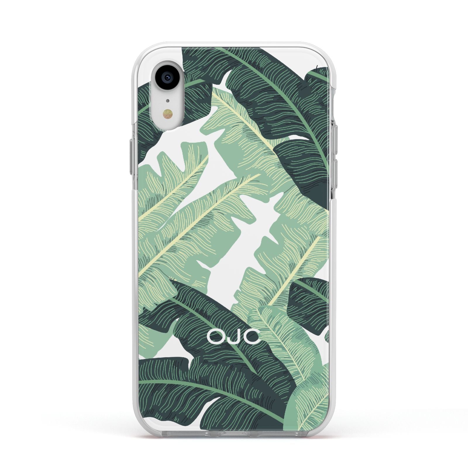 Personalised Banana Leaves Apple iPhone XR Impact Case White Edge on Silver Phone