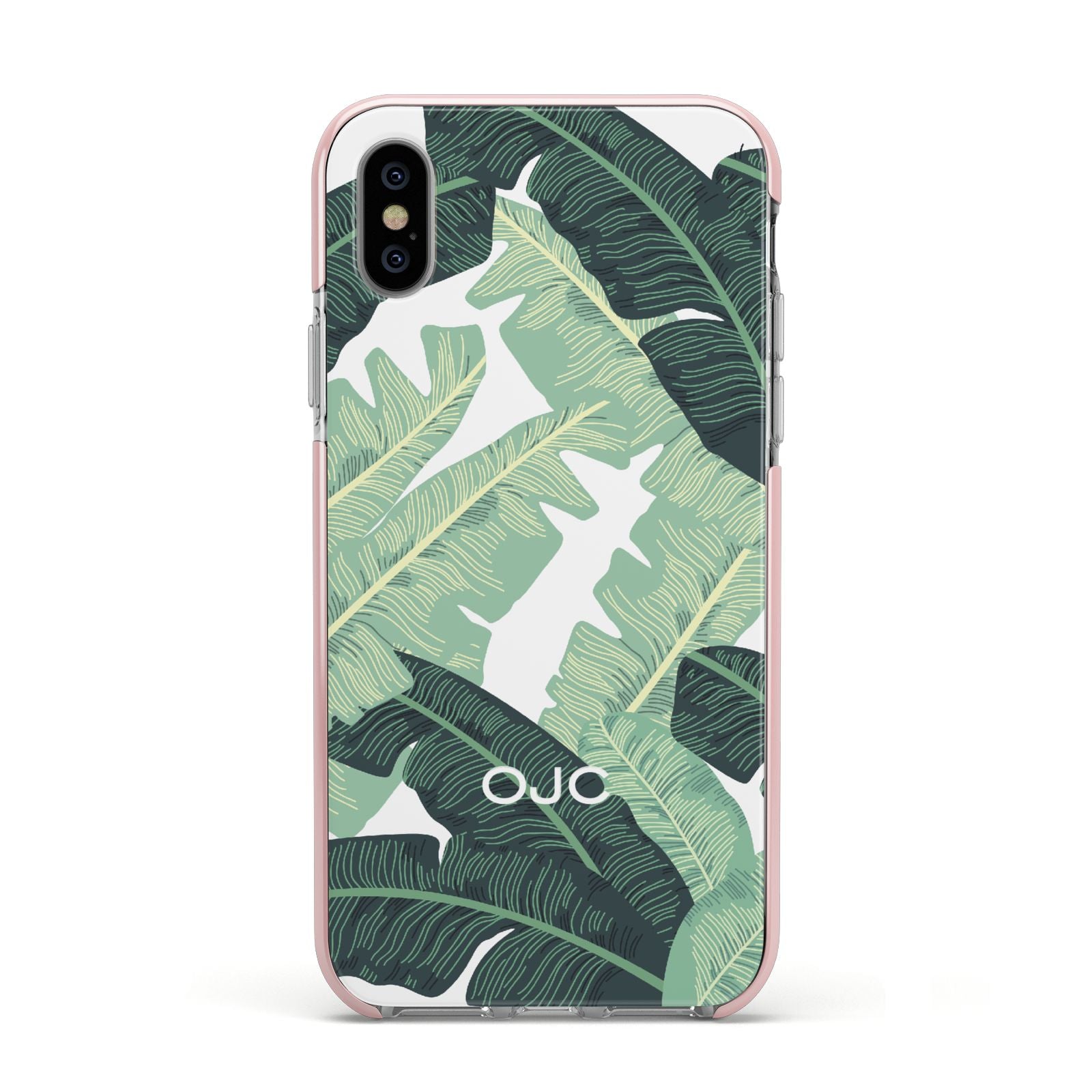 Personalised Banana Leaves Apple iPhone Xs Impact Case Pink Edge on Silver Phone