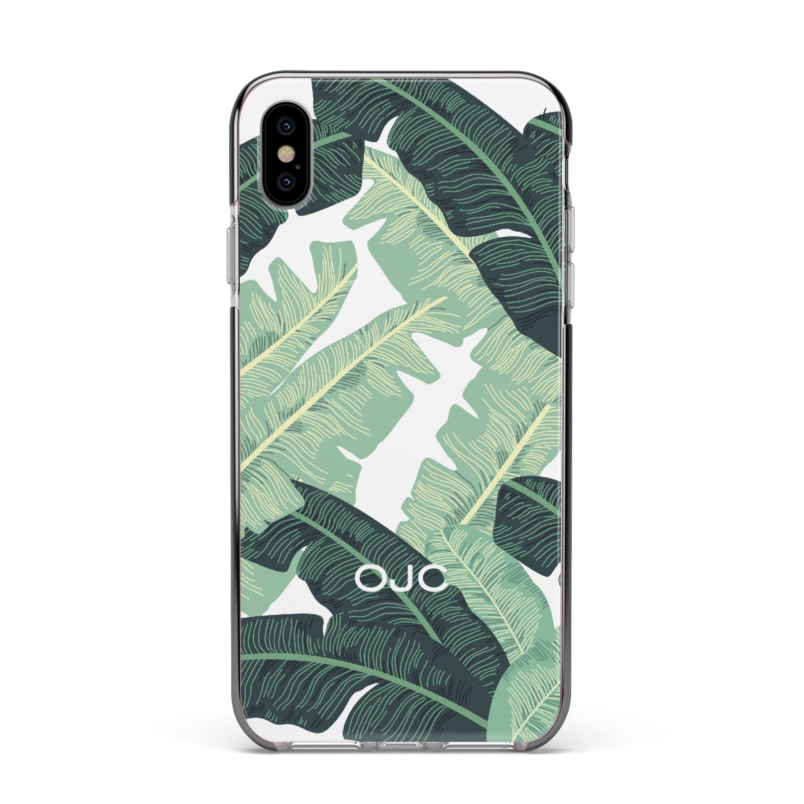 Personalised Banana Leaves Apple iPhone Xs Max Impact Case Black Edge on Silver Phone