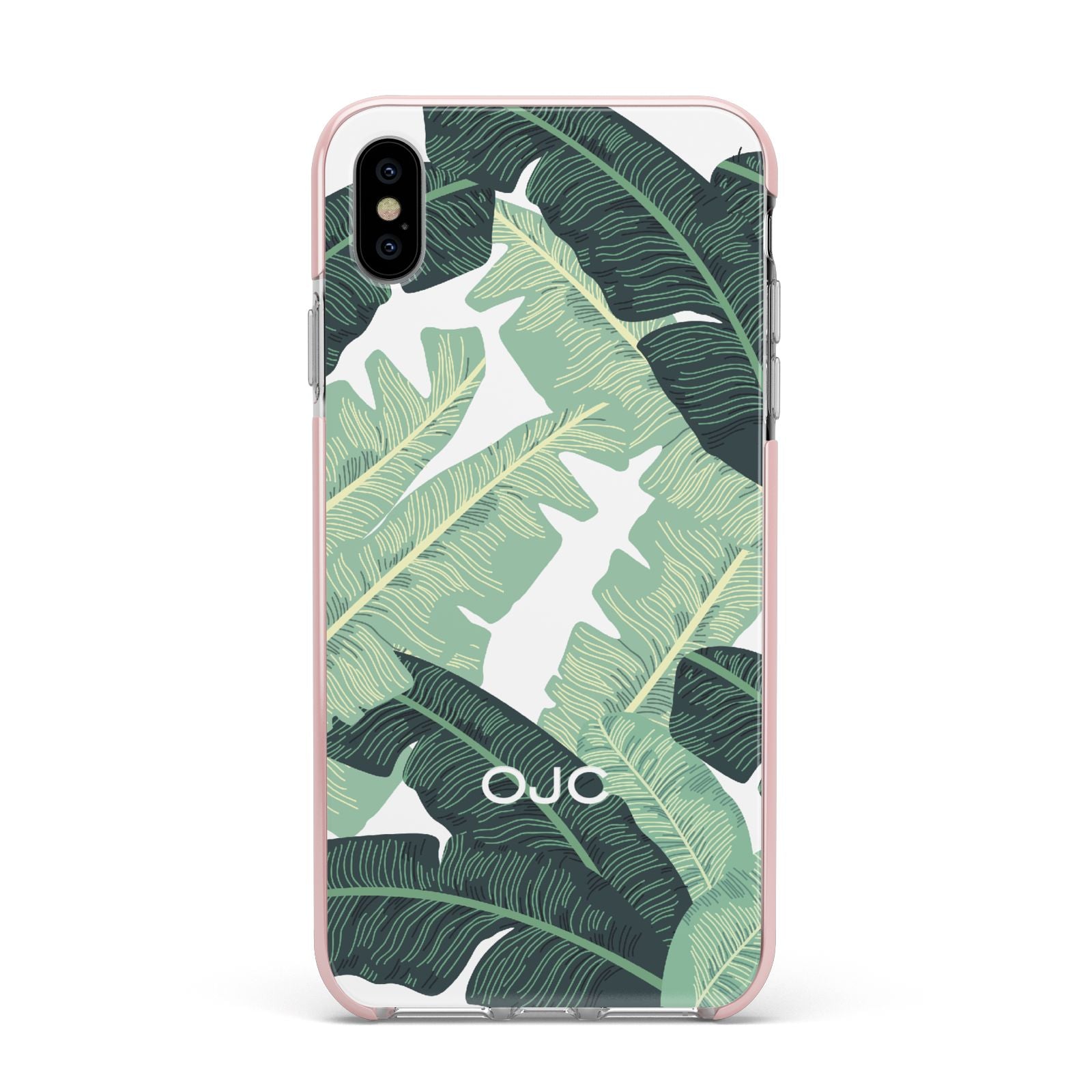 Personalised Banana Leaves Apple iPhone Xs Max Impact Case Pink Edge on Silver Phone