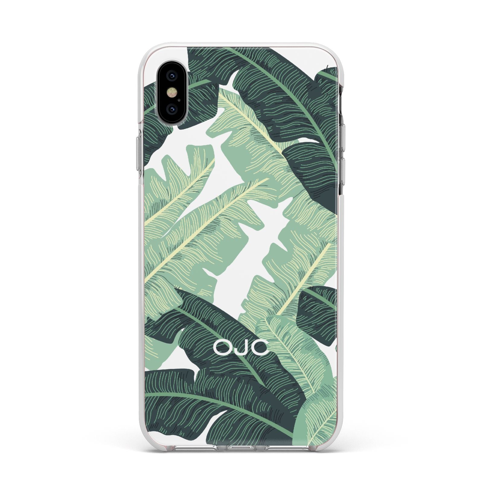 Personalised Banana Leaves Apple iPhone Xs Max Impact Case White Edge on Silver Phone