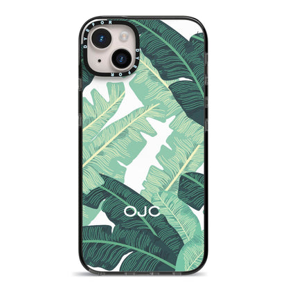Personalised Banana Leaves iPhone 14 Plus Black Impact Case on Silver phone
