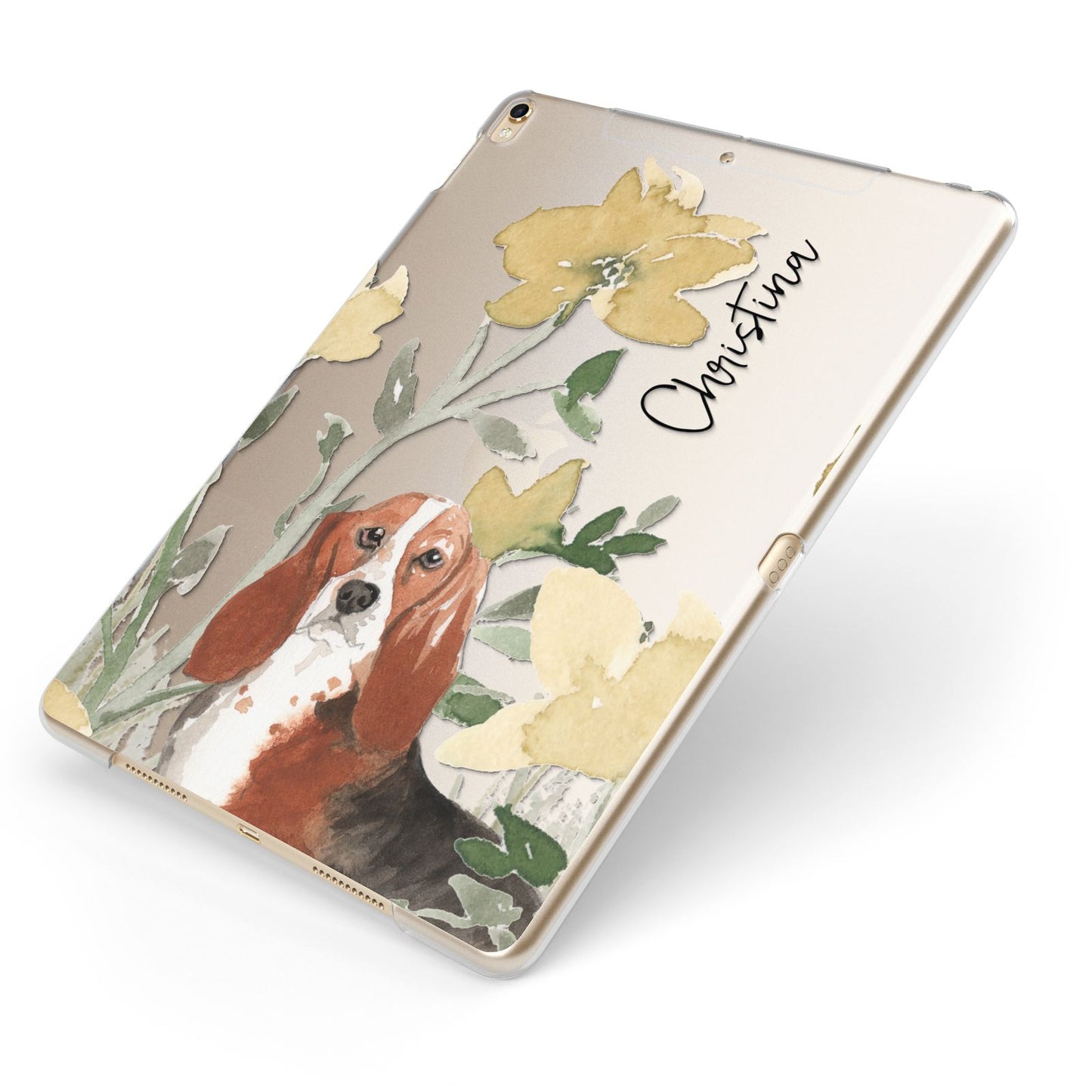 Personalised Basset Hound Dog Apple iPad Case on Gold iPad Side View