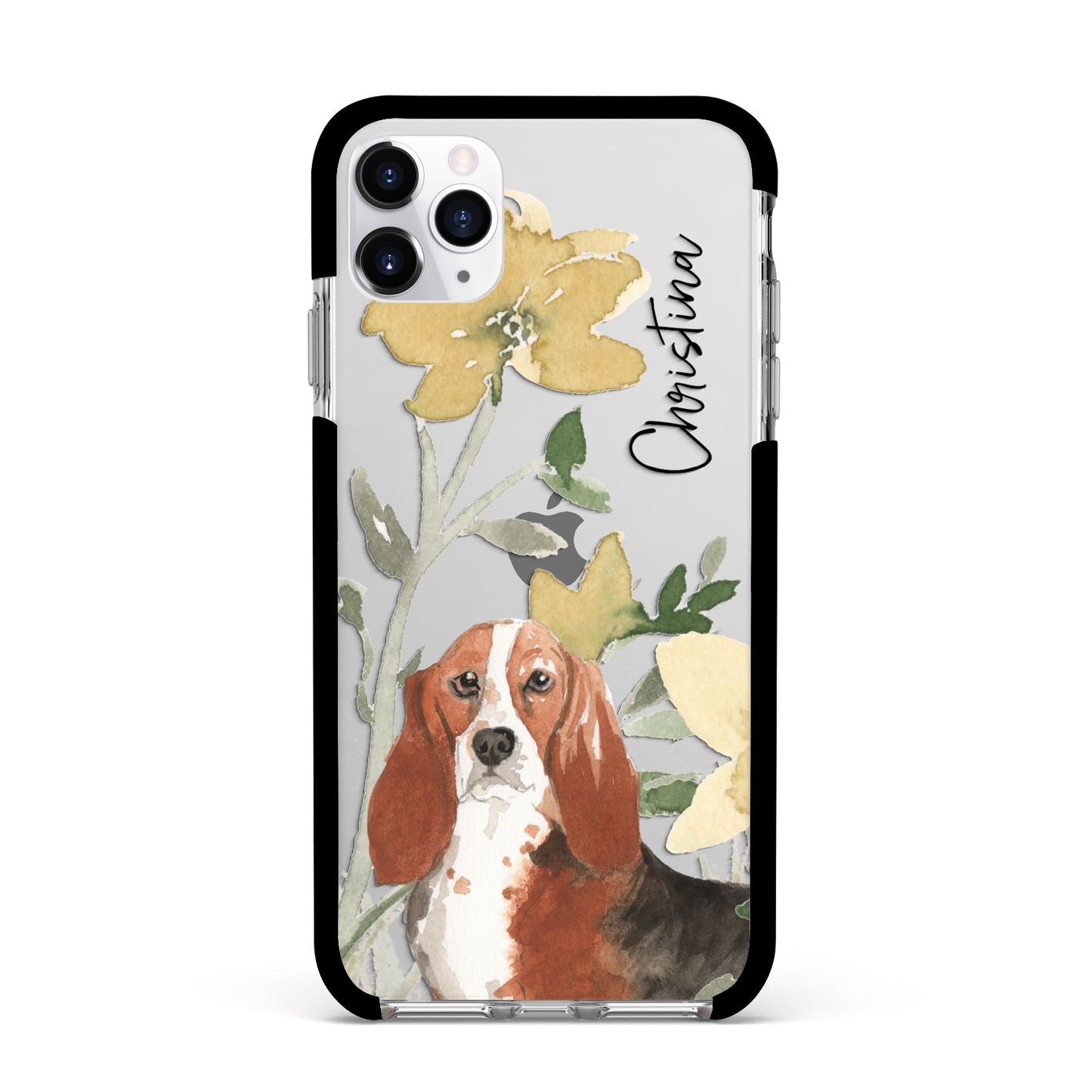 Personalised Basset Hound Dog Apple iPhone 11 Pro Max in Silver with Black Impact Case