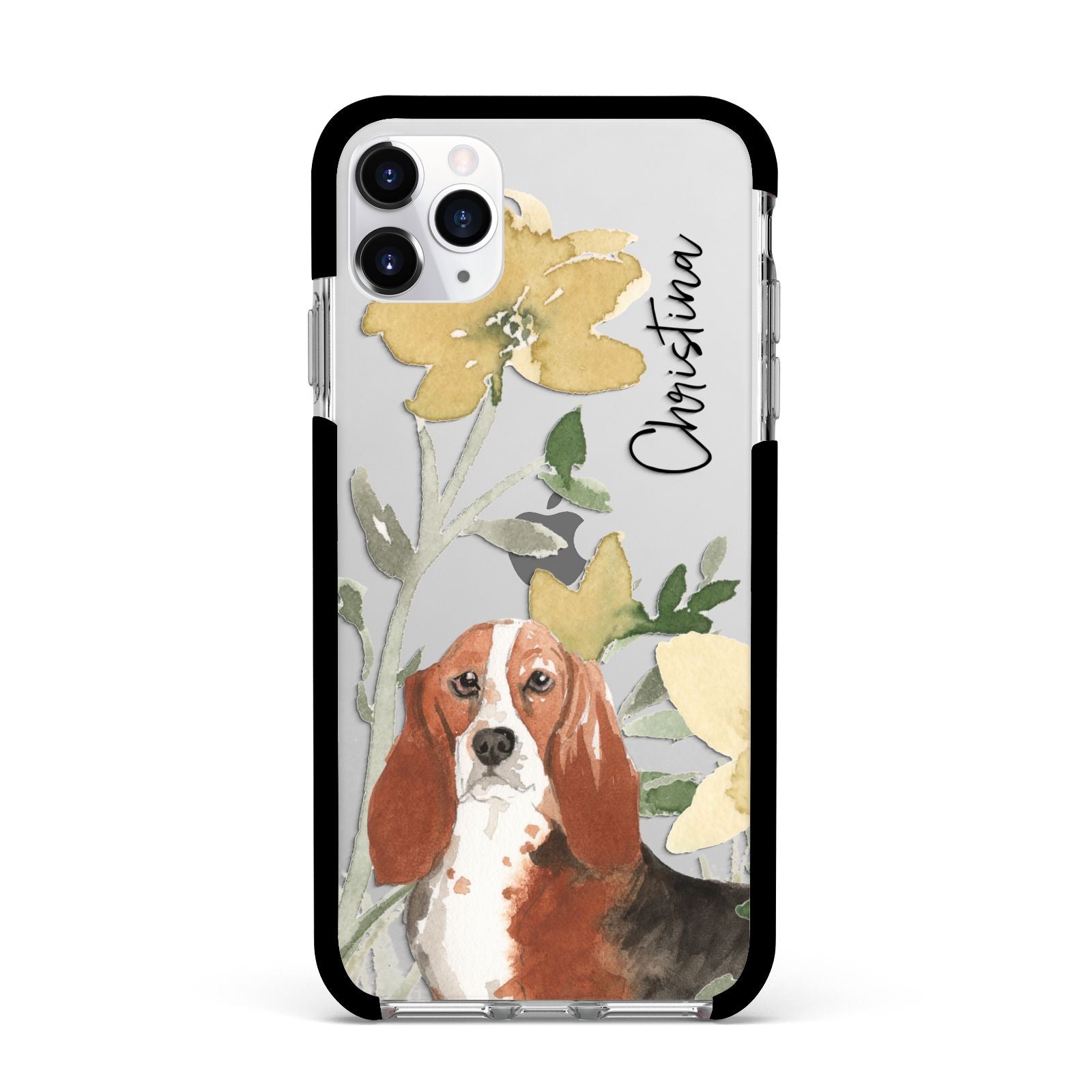 Personalised Basset Hound Dog Apple iPhone 11 Pro Max in Silver with Black Impact Case