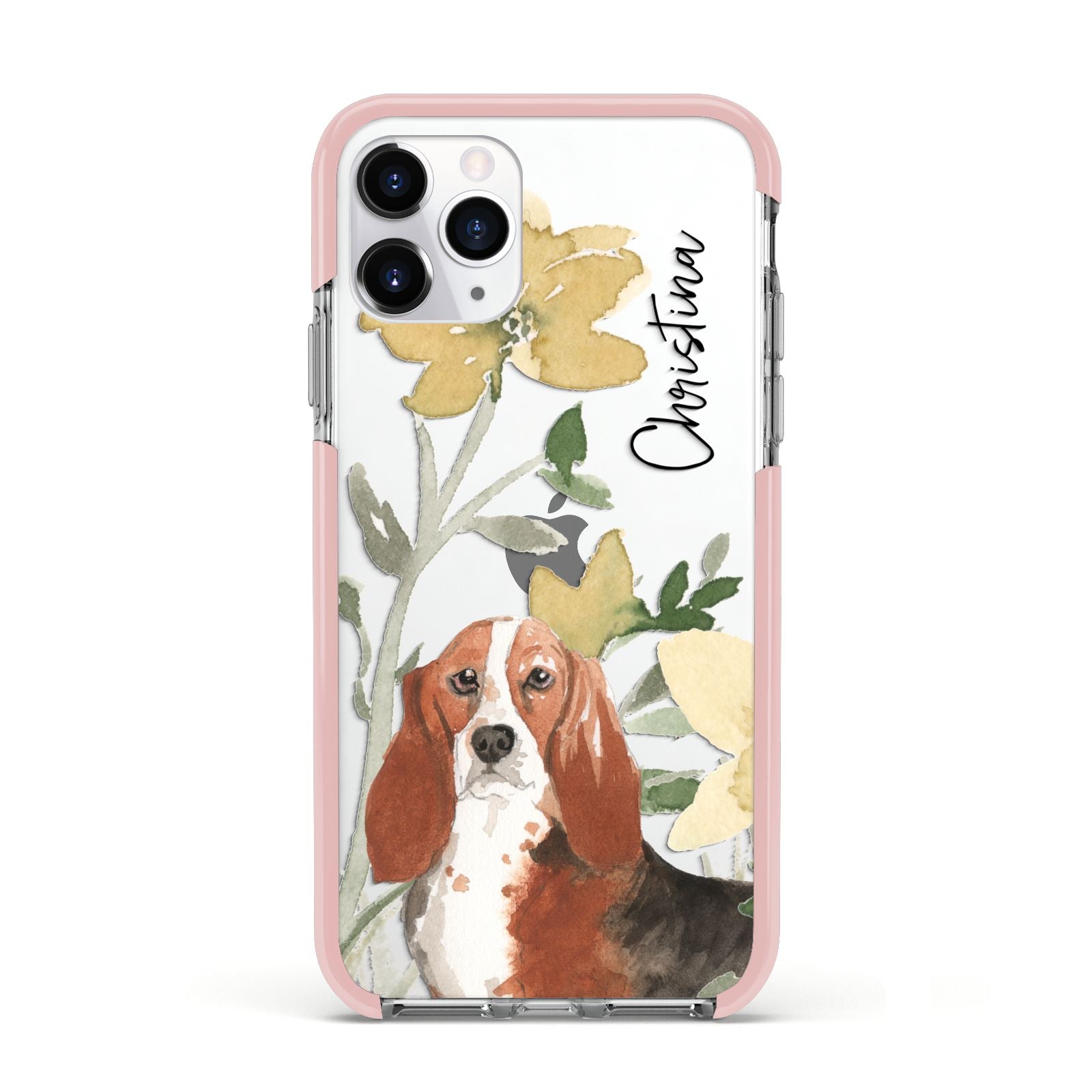 Personalised Basset Hound Dog Apple iPhone 11 Pro in Silver with Pink Impact Case