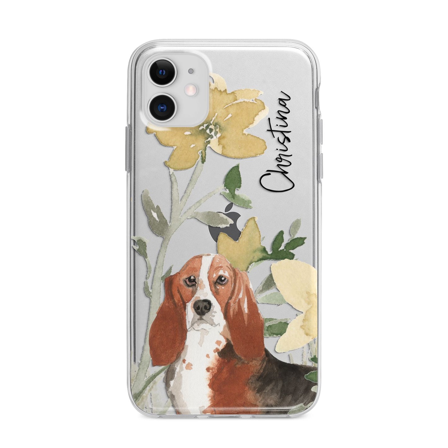 Personalised Basset Hound Dog Apple iPhone 11 in White with Bumper Case