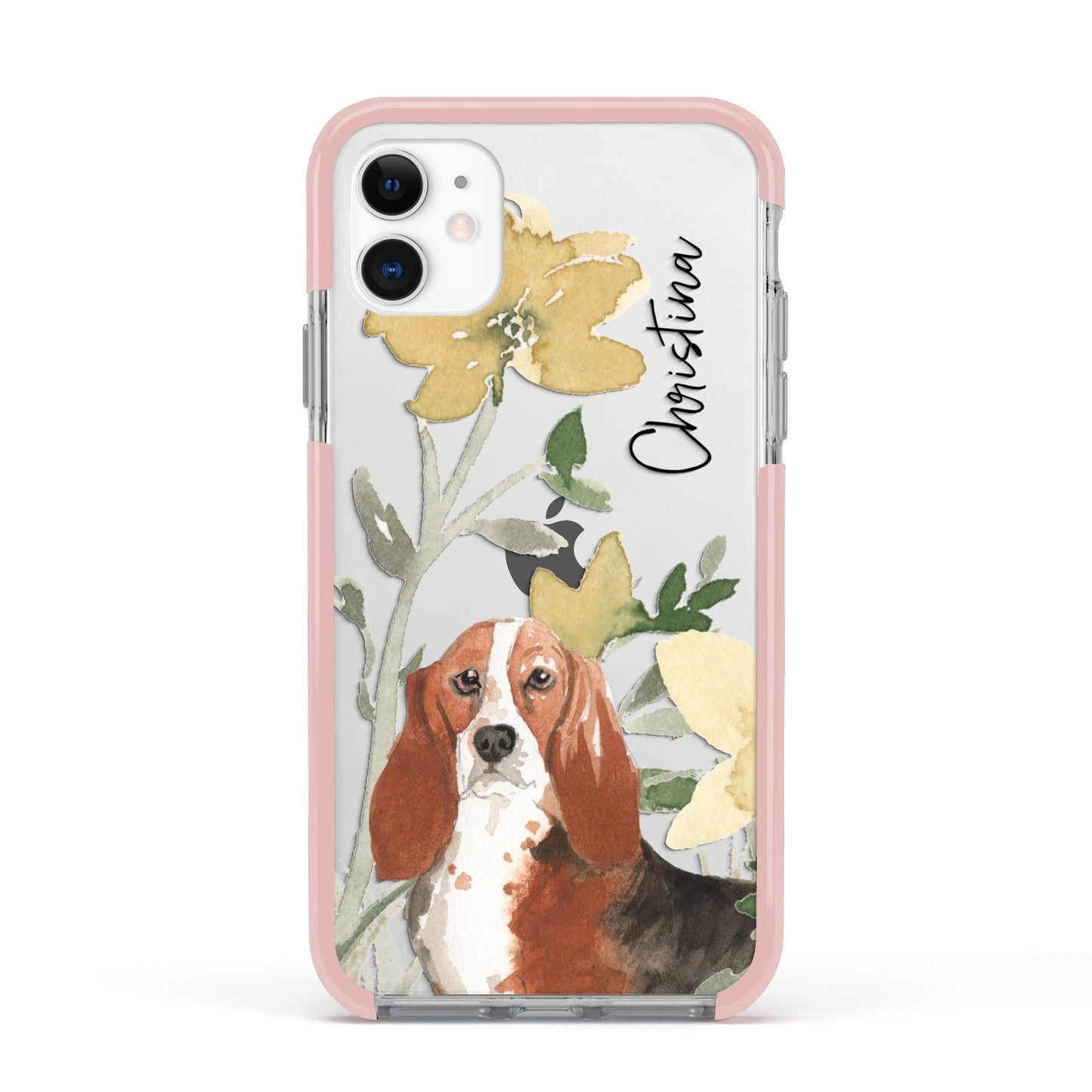 Personalised Basset Hound Dog Apple iPhone 11 in White with Pink Impact Case
