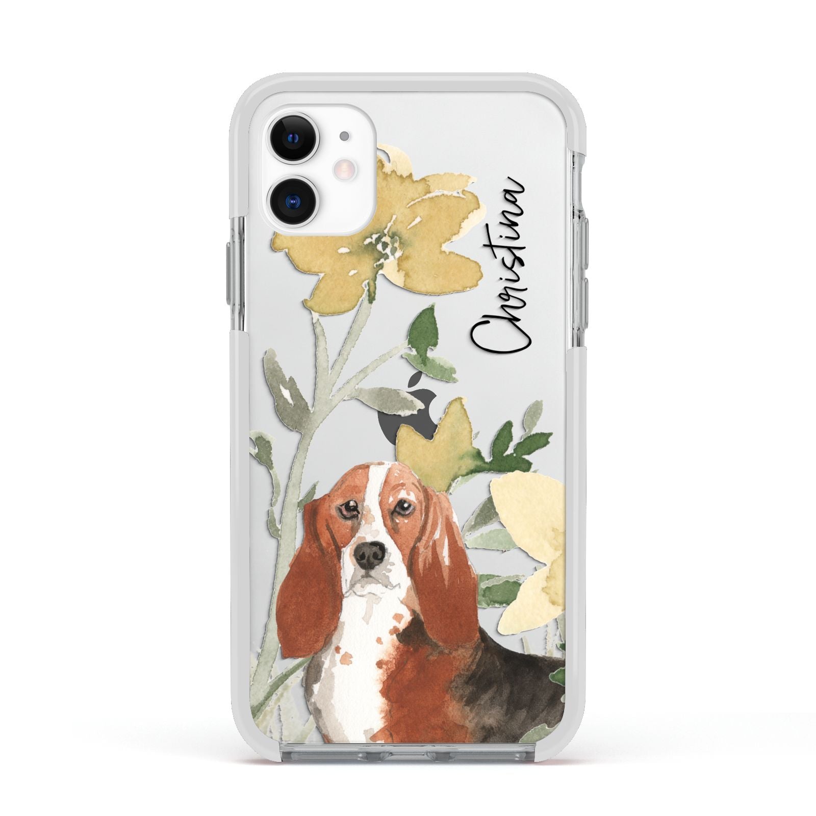 Personalised Basset Hound Dog Apple iPhone 11 in White with White Impact Case