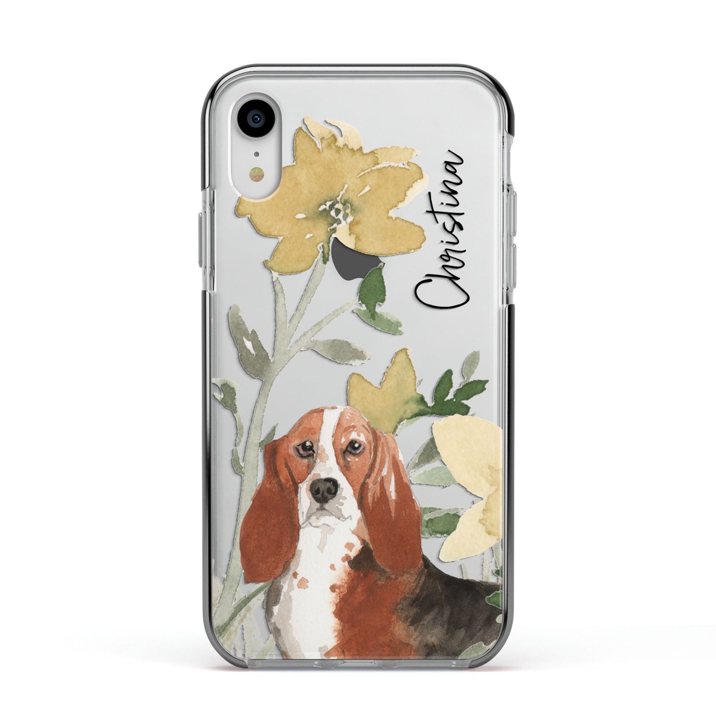 Personalised Basset Hound Dog Apple iPhone XR Impact Case Black Edge on Silver Phone