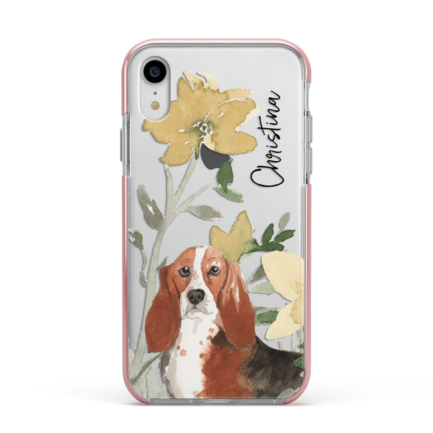 Personalised Basset Hound Dog Apple iPhone XR Impact Case Pink Edge on Silver Phone