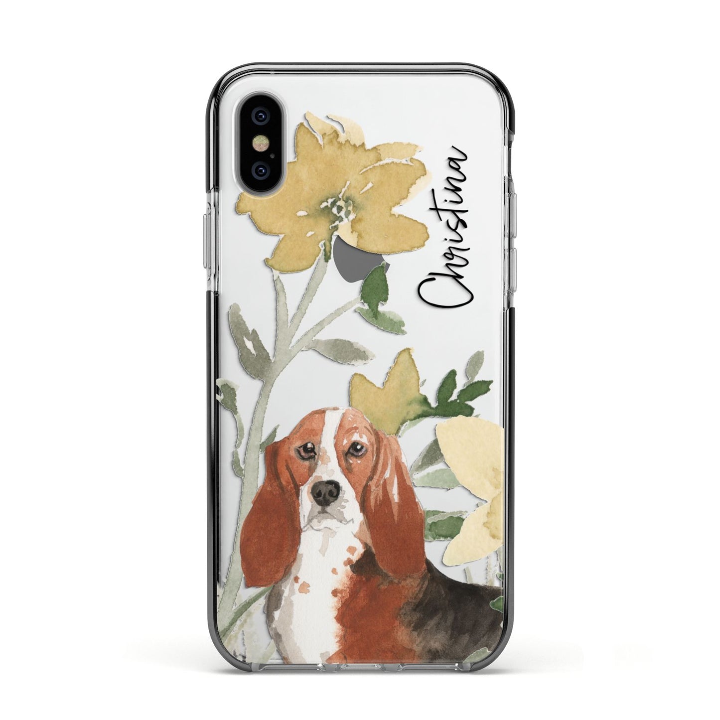 Personalised Basset Hound Dog Apple iPhone Xs Impact Case Black Edge on Silver Phone
