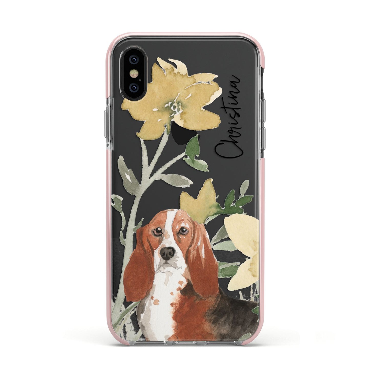 Personalised Basset Hound Dog Apple iPhone Xs Impact Case Pink Edge on Black Phone