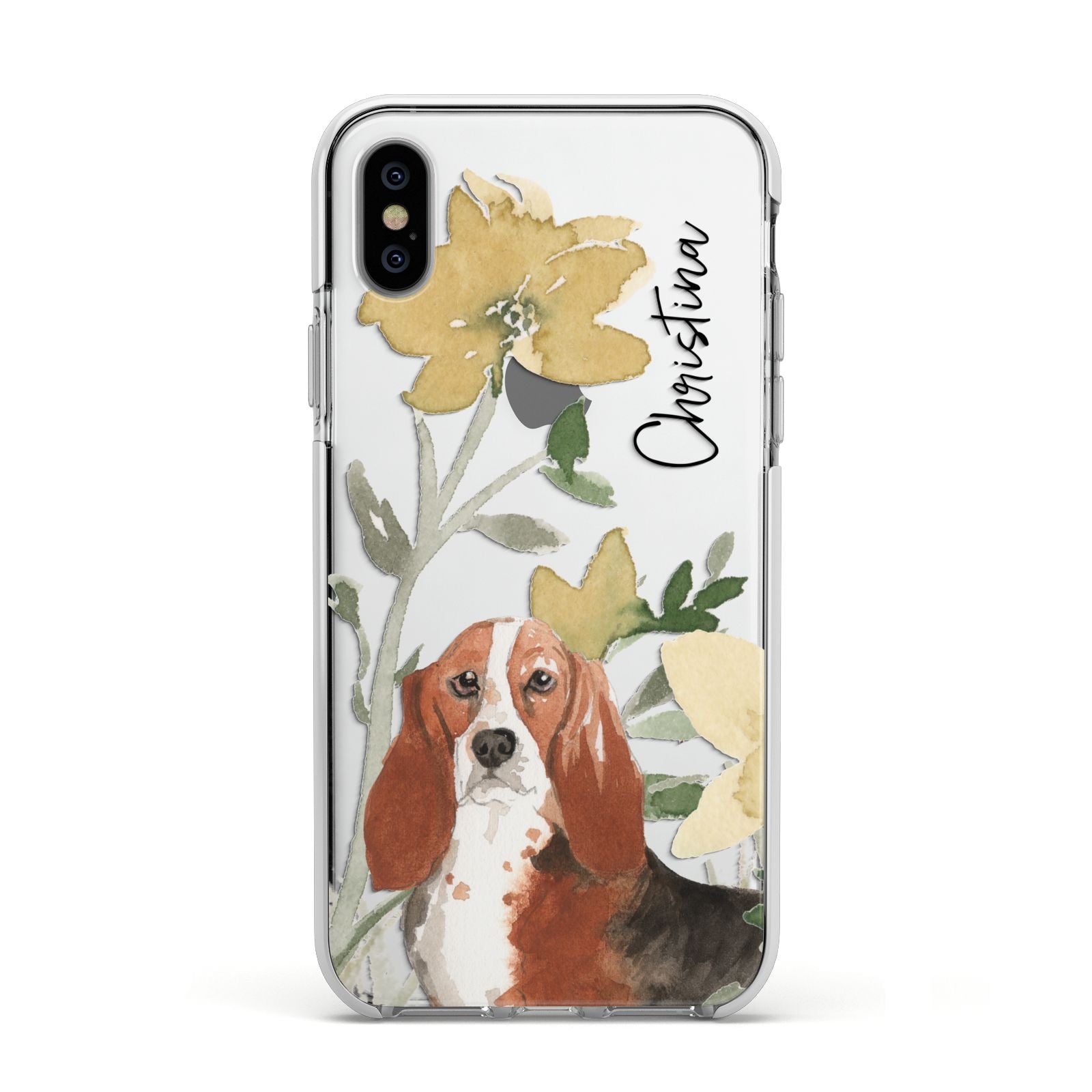 Personalised Basset Hound Dog Apple iPhone Xs Impact Case White Edge on Silver Phone