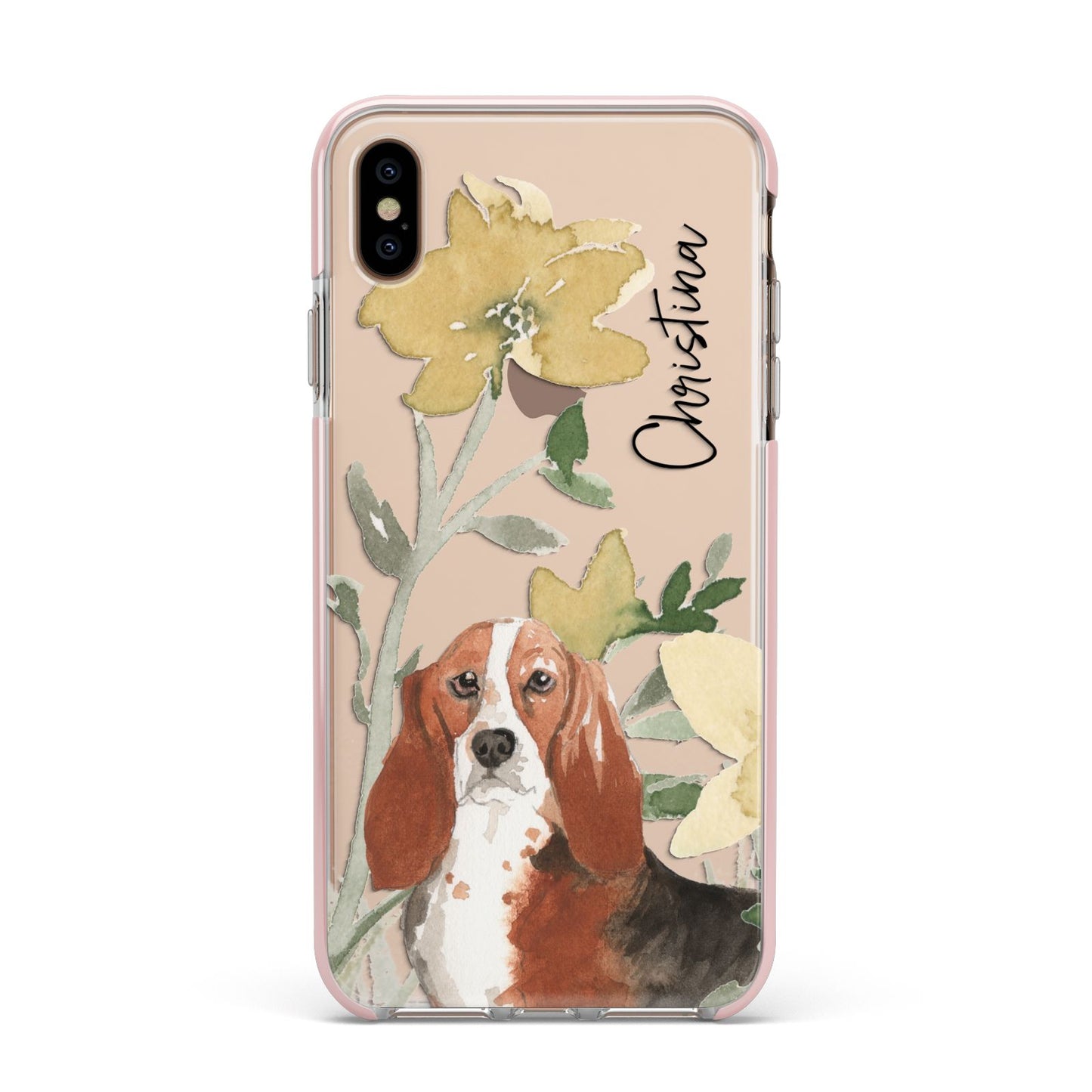 Personalised Basset Hound Dog Apple iPhone Xs Max Impact Case Pink Edge on Gold Phone