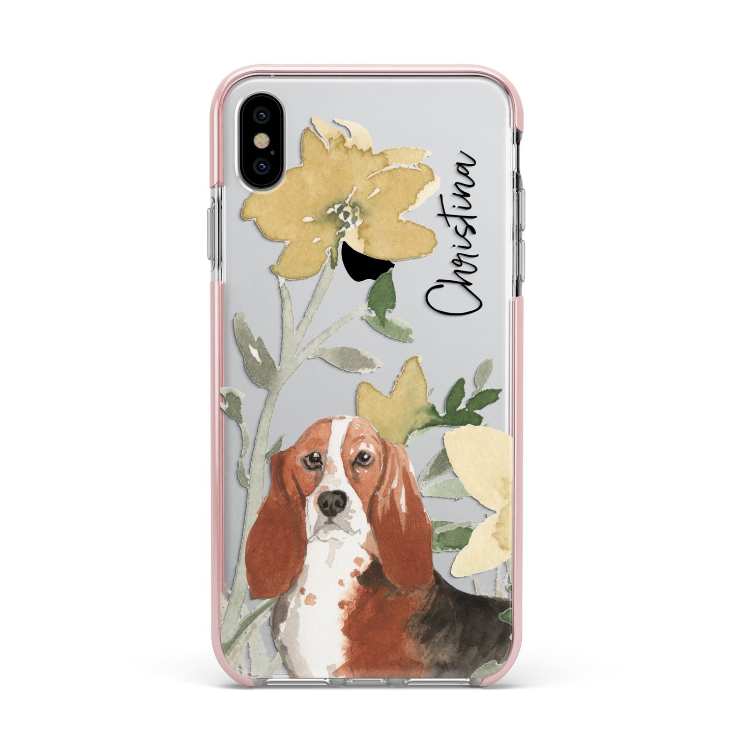 Personalised Basset Hound Dog Apple iPhone Xs Max Impact Case Pink Edge on Silver Phone