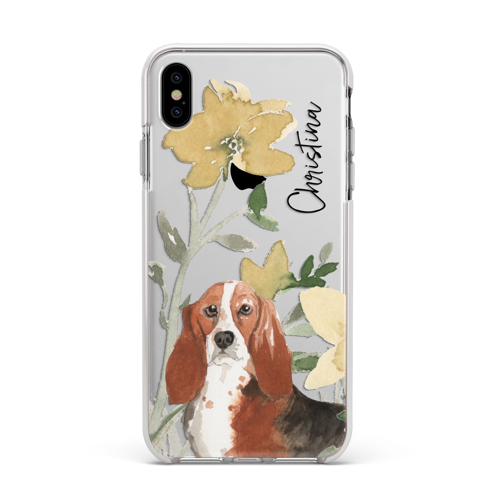 Personalised Basset Hound Dog Apple iPhone Xs Max Impact Case White Edge on Silver Phone