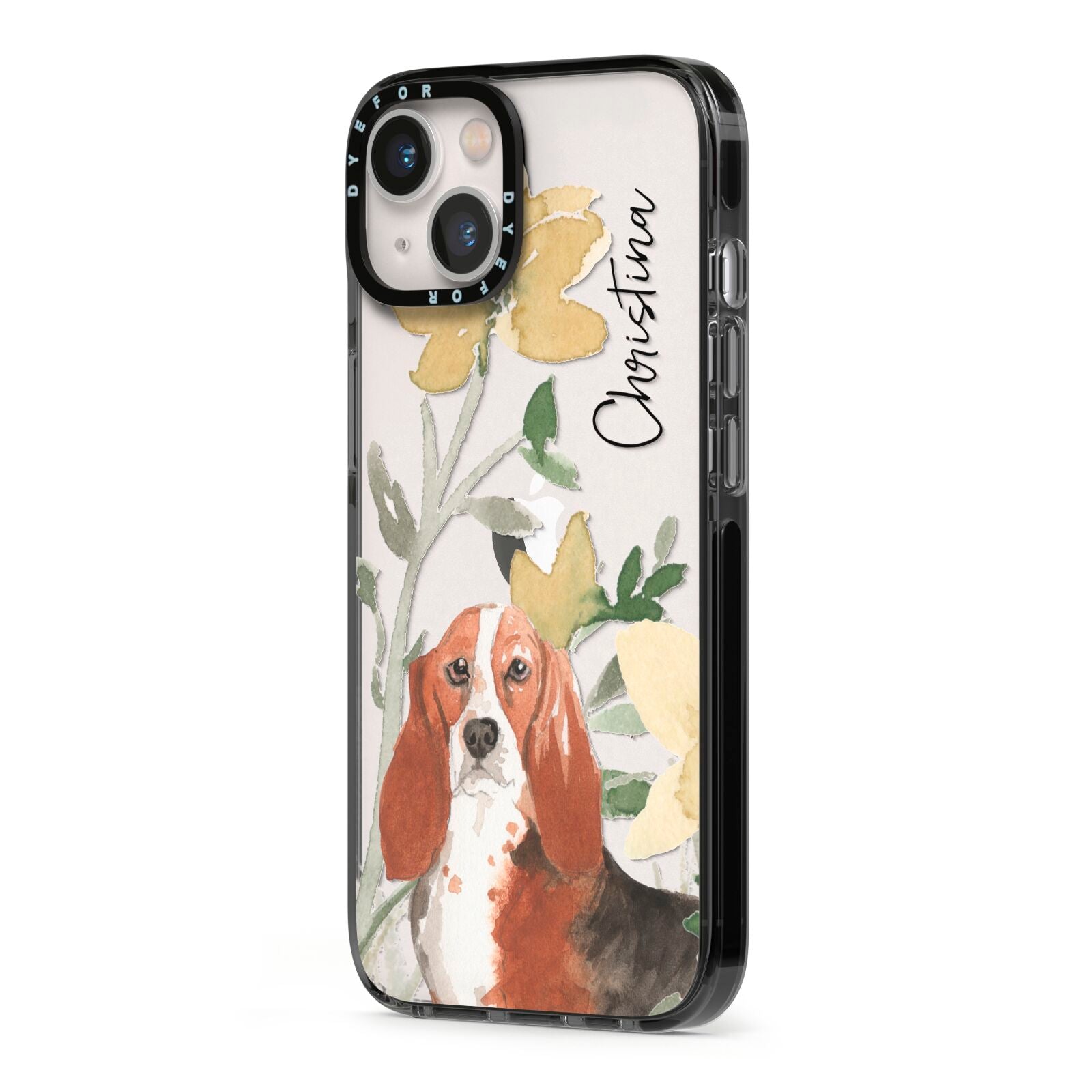 Personalised Basset Hound Dog iPhone 13 Black Impact Case Side Angle on Silver phone